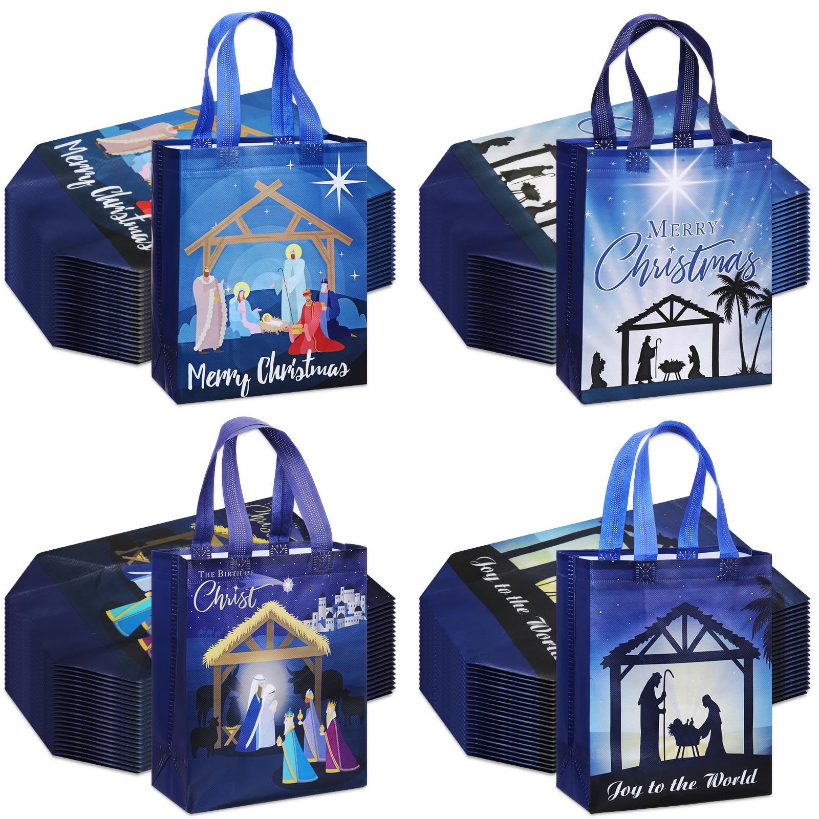 Wesnoy 48 Pcs Nativity Christmas Gift Bags Bulk Reusable Non Woven Totes with Handles, Christian Candy Treat Goodie Bags for Hol