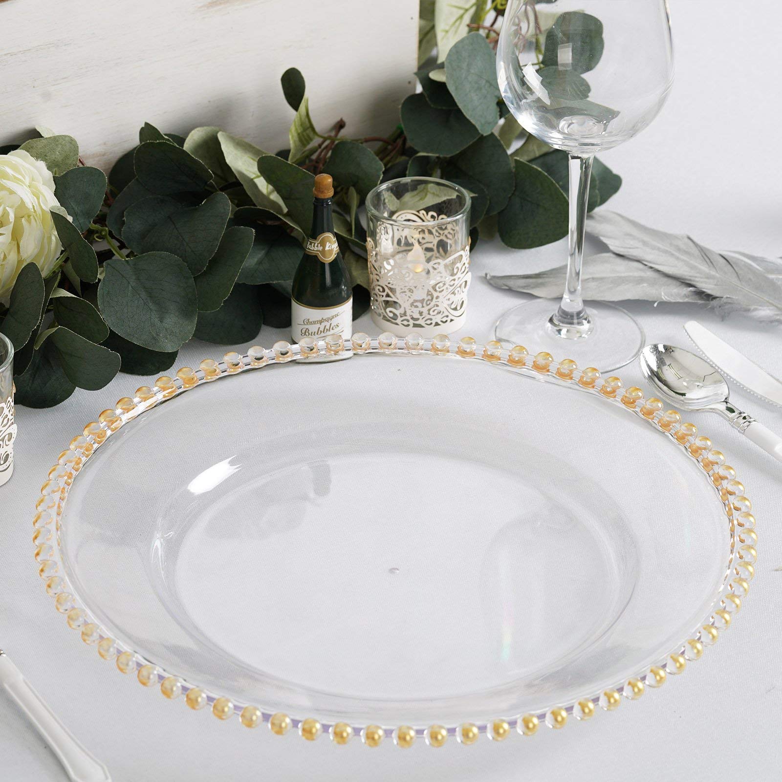 Tableclothsfactory 6 Pack 12'' Gold Clear Acrylic Round Charger Plates With Beaded Rim Dinner Charger Plates