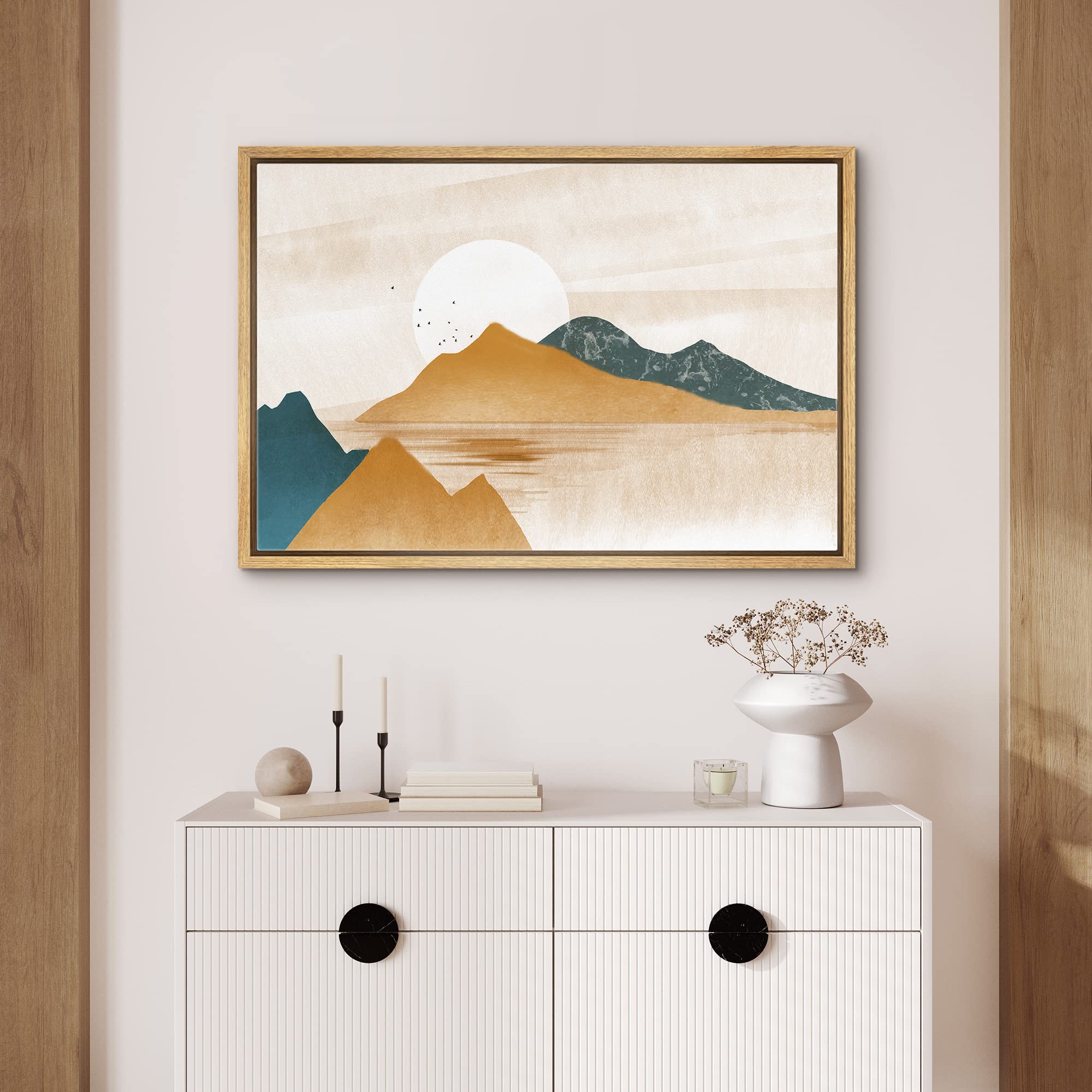 Signford Framed Canvas Print Wall Art Set Rustic Tan Mountain Range Valley Nature Wilderness Illustrations Modern Art Farmhouse/