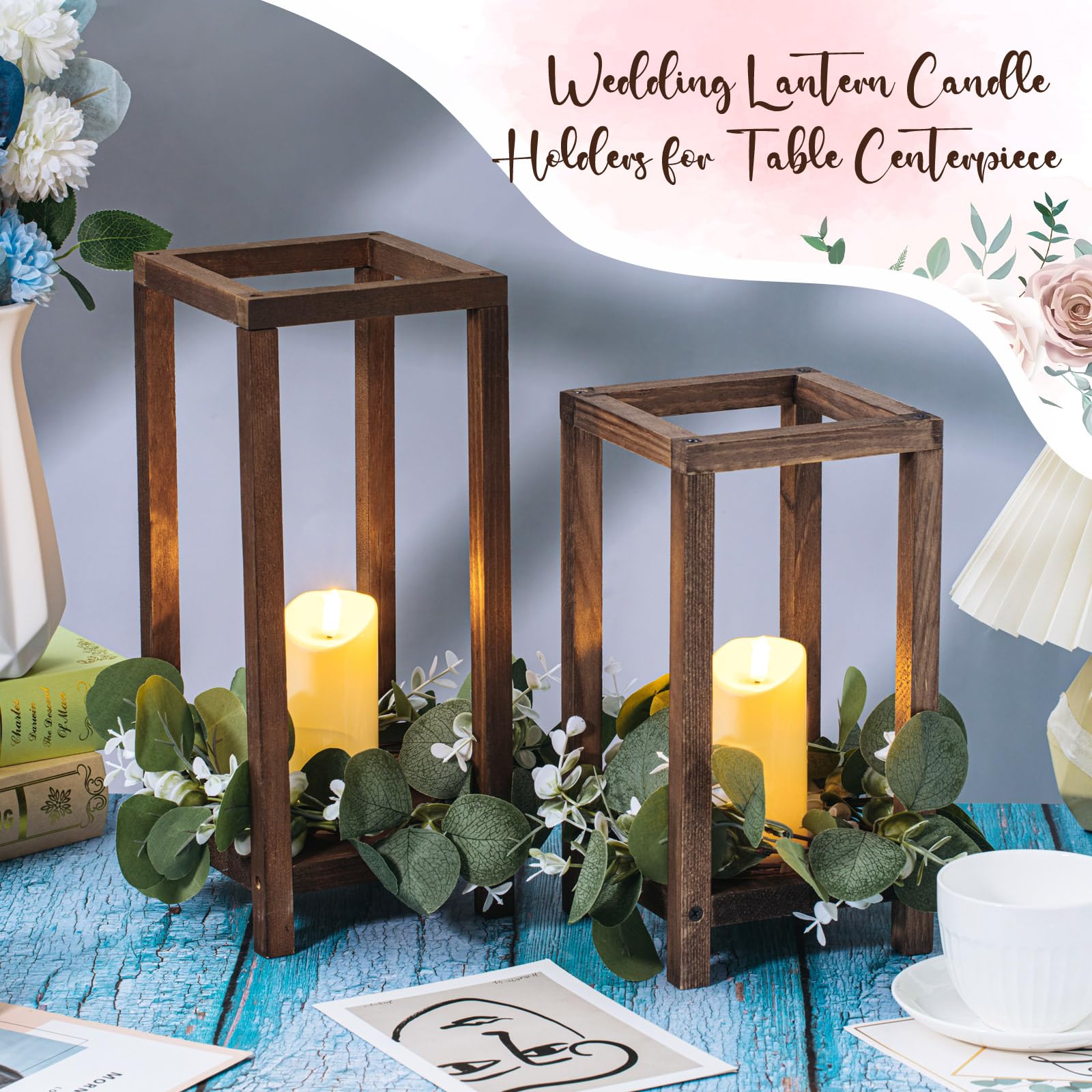 Geelin 12 Set 10.59  , 13   Brown Wooden Lanterns for Wedding Centerpieces Include 12 Wooden Lantern 12 LED Candle 12 Eucalyptus