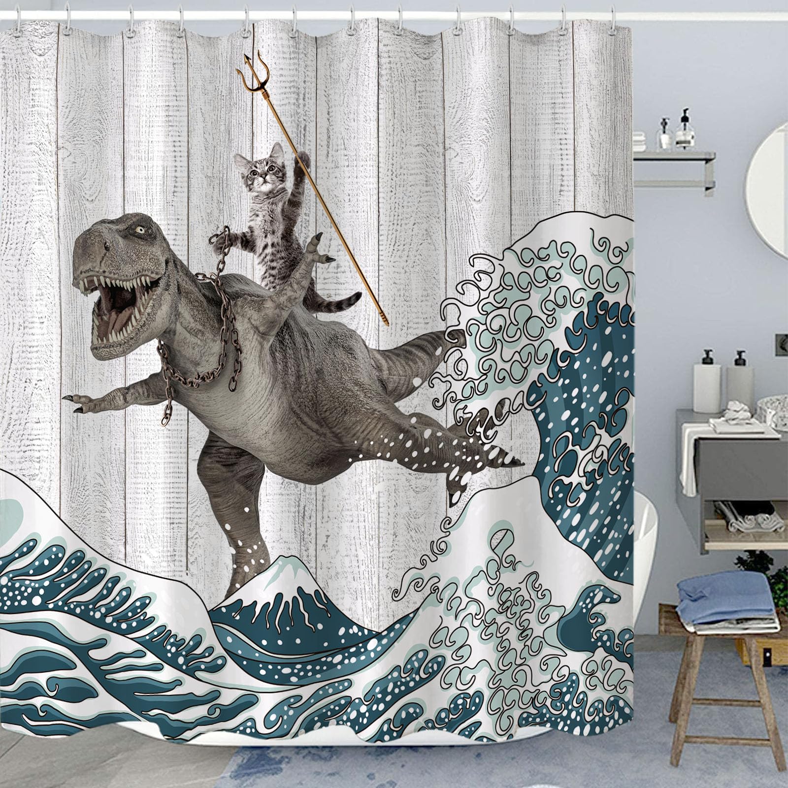 Fungarth Funny Cat Shower Curtain Dinosaur Ocean Sea Wave Shower Curtains For Bathroom Cool Waterproof Fabric Rustic Wooden Farm