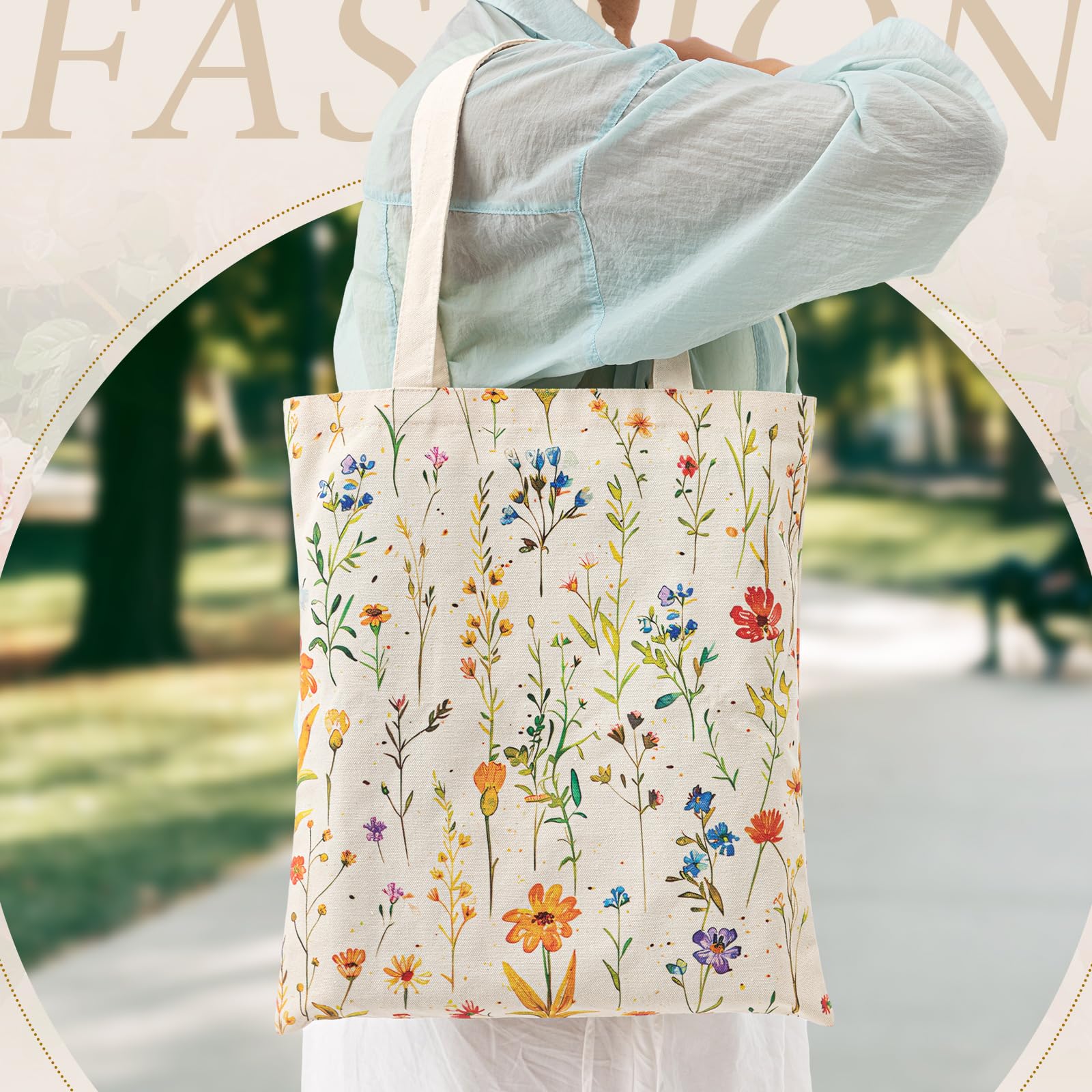 Shinylin 3 Pcs Wildflower Aesthetic Canvas Tote Bag Makeup Coin Purse Set with Zipper Reusable Grocery Shopping Flowers Cute Cos