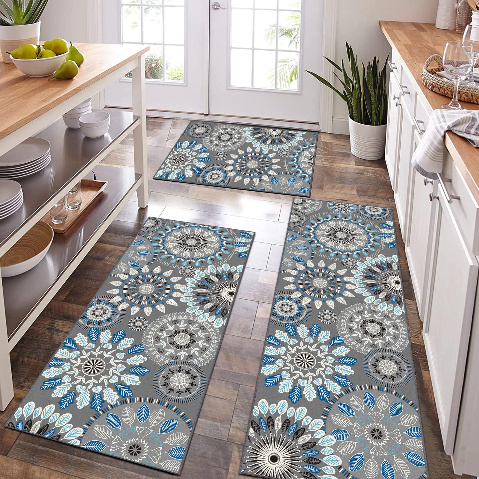 Bsmathom Boho Kitchen Rug Sets 3 Piece, Farmhouse Kitchen Rugs and Mats Non Skid Washable, Non Slip Kitchen Mats for Floor, Vint