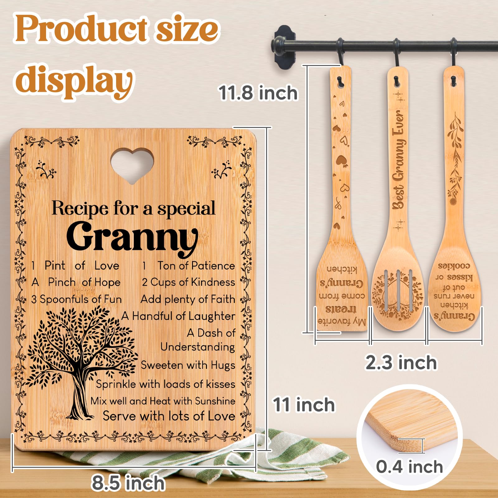 Granny Gifts -  Recipe for a Special Granny  Christmas Gifts for Granny Cutting Board Set, Bamboo-Made Engraved Utensil Set Gran