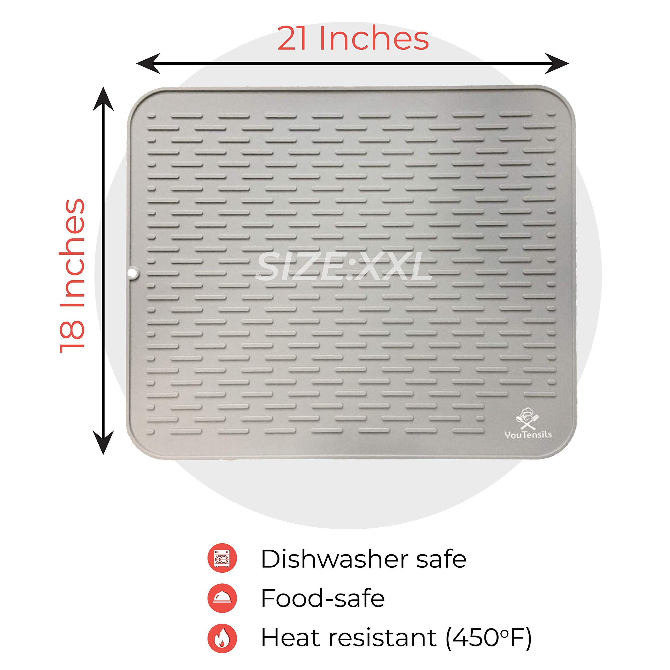 Silicone Dish Drying Mat & Scrubber Xxl 21'' X18 '' | Gray Kitchen Dish Drainer Mats & Trivet | Food Safe Fast Draining Pad For
