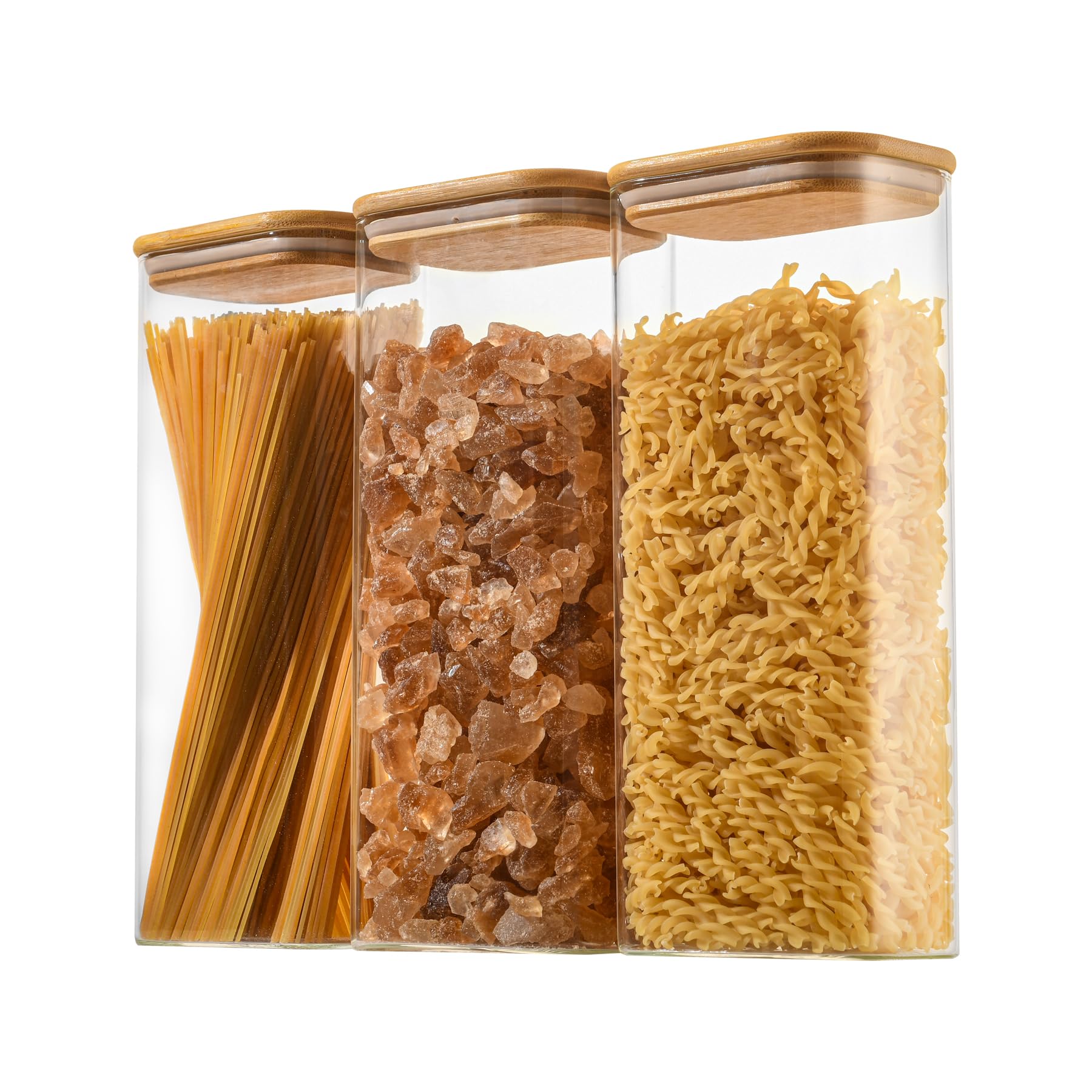 D2scrma 71oz Rectangle Airtight Glass Storage Containers with Bamboo Lids (Set of 3), Square Food Storage Jar, Pantry Organizers
