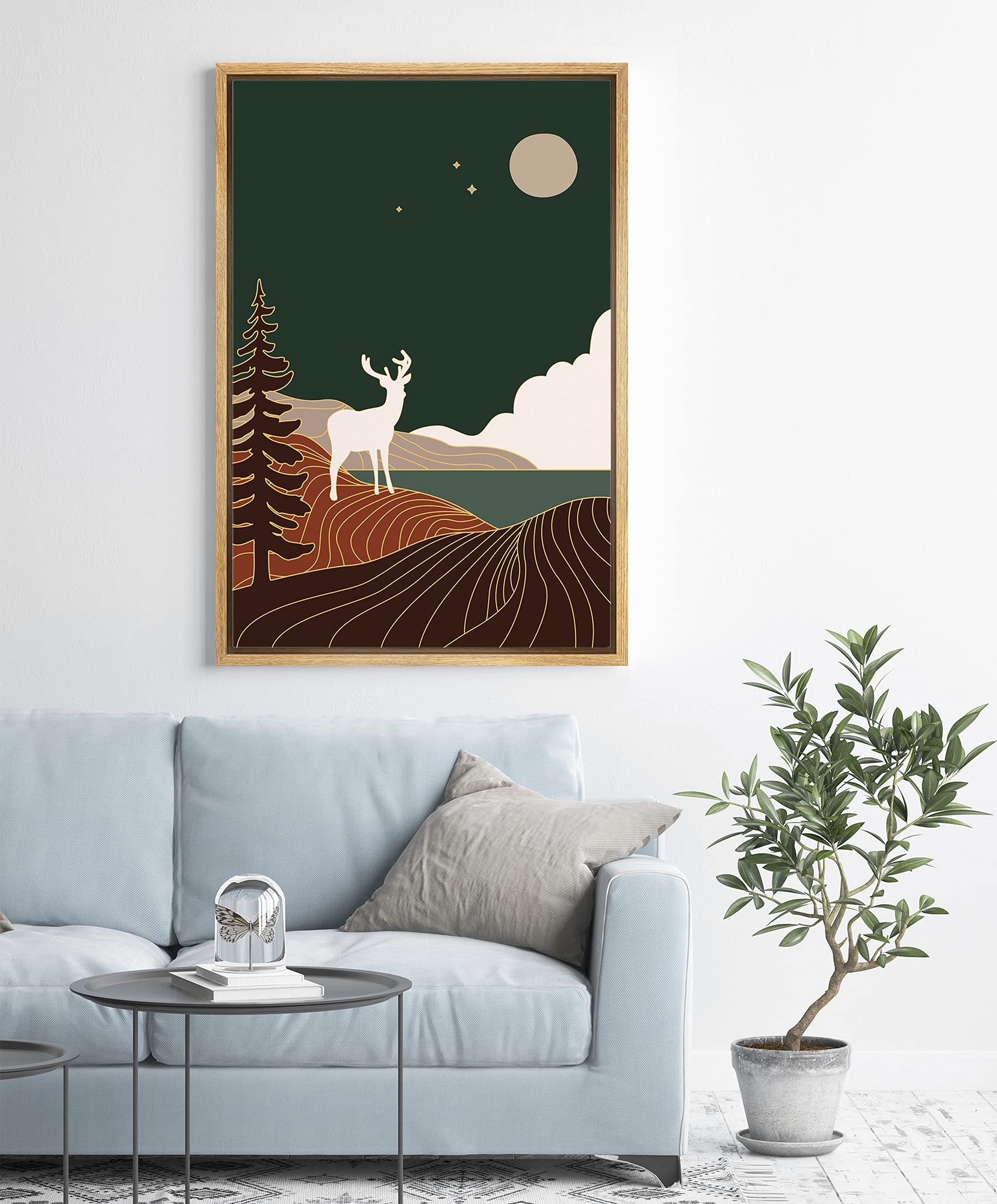 IDEA4WALL Framed Canvas Print Wall Art Deer in The Golden Green Night Forest Animals Wildlife Illustrations Modern Art Farmhouse/Country Dark for Living Room  Bedroom  Office - 16''x24'' Natural