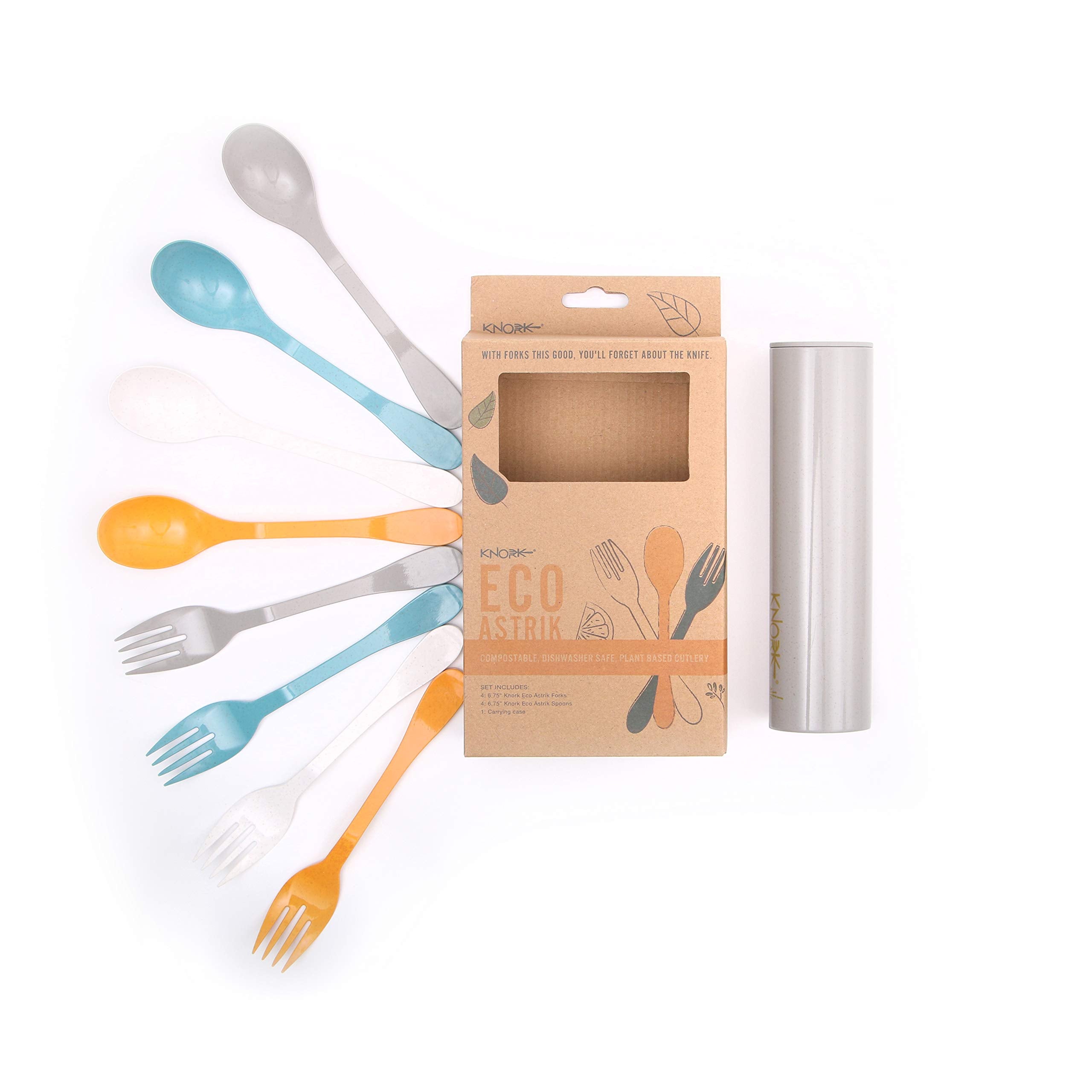 Knork Eco Astrik Reusable Compostable Plant-Based To Go Ware, Utensil Set With Carry Case, Orange Blue White Gray, 8 Piece Utens