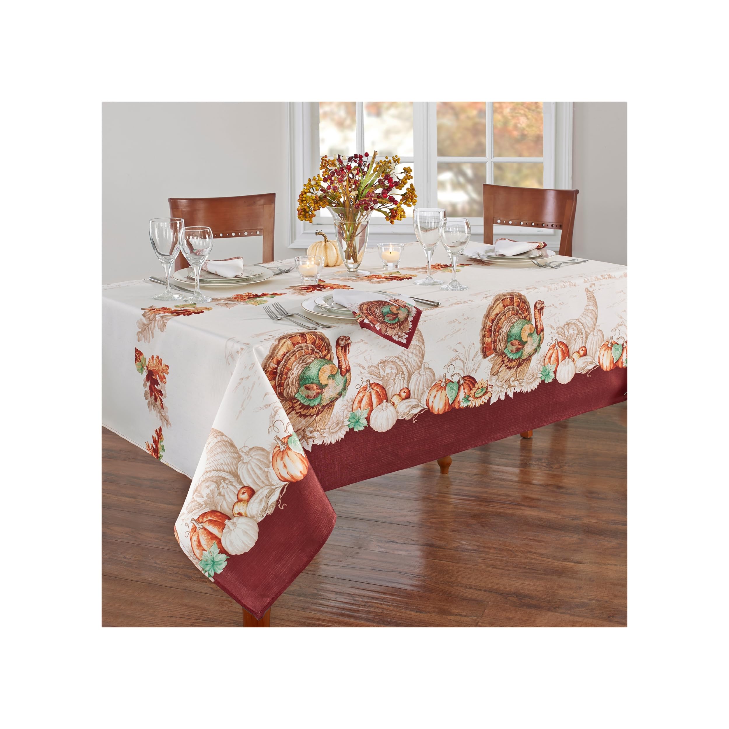 Elrene Home Fashions Holiday Turkey Bordered Fall Wrinkle Resistant Tablecloth, Seasonal Dining-Table Cover, 60'' X 102'' Rectan