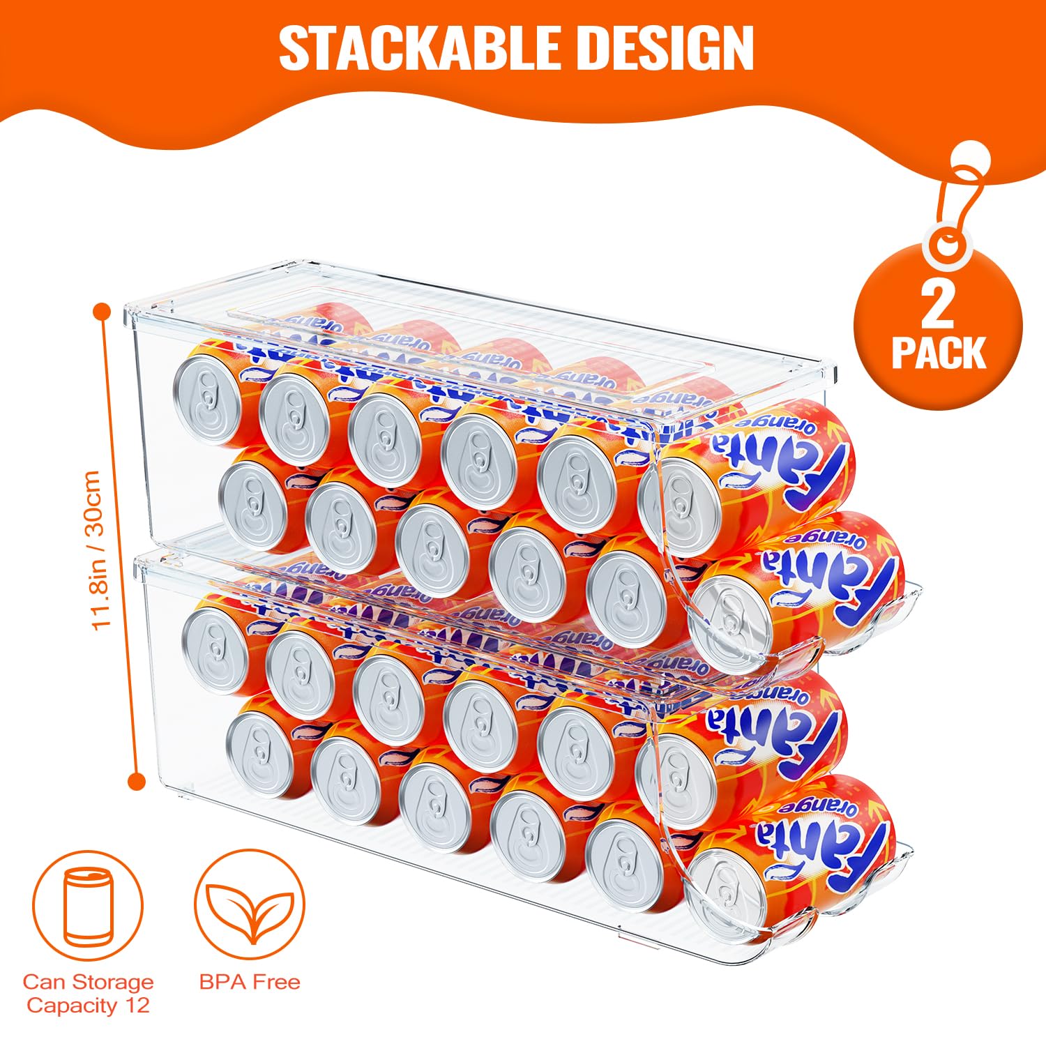 Scavata 2 Pack Soda Can Organizer For Refrigerator, Stackable Canned Food Pop Cans Container Can Holder Dispenser With Lid For F