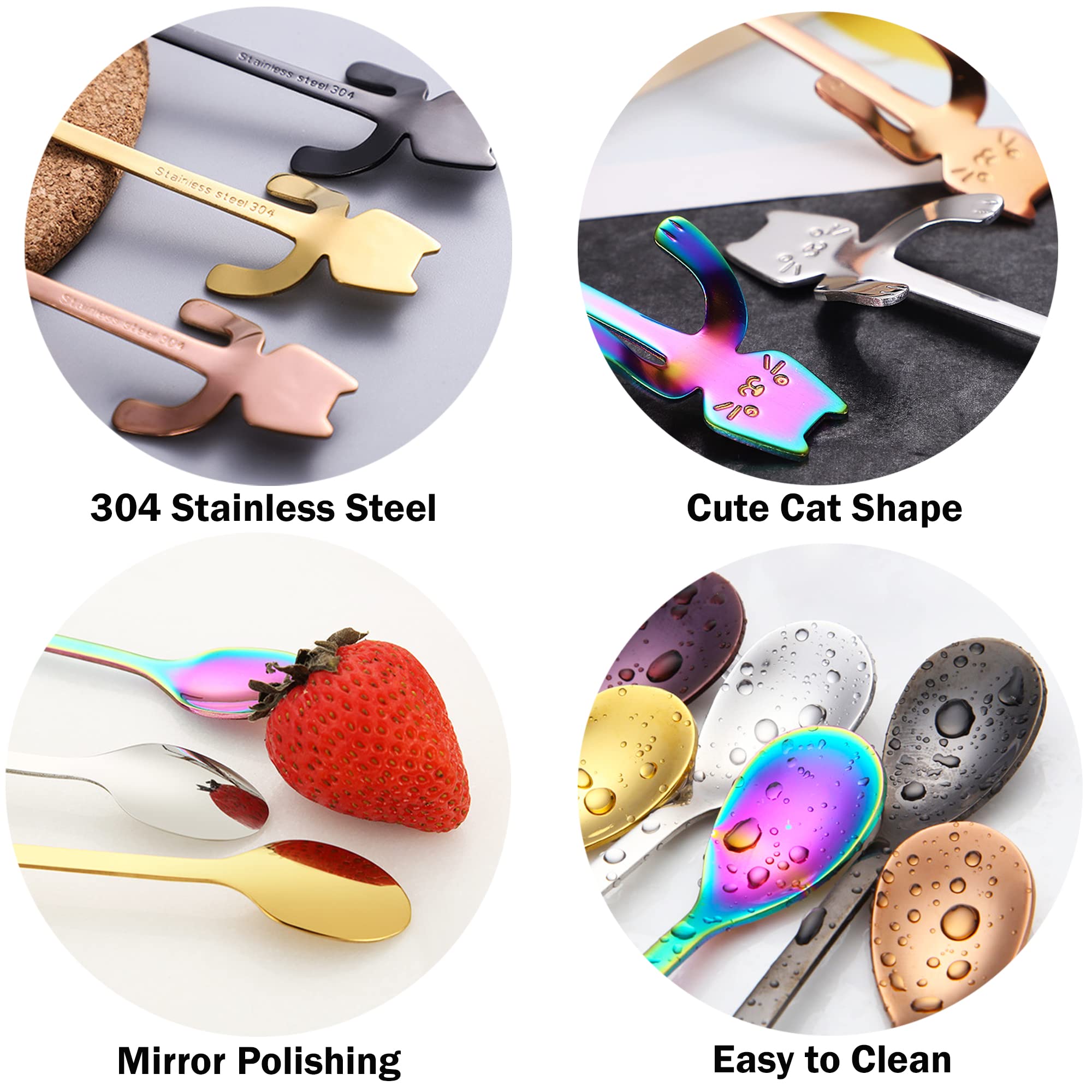 6 Pcs Cat Spoon Coffee Tea Spoon Set, Esrise Stainless Steel Hanging Cup Teaspoons Demitasse Mini Long Cute Kitten Spoon For Des