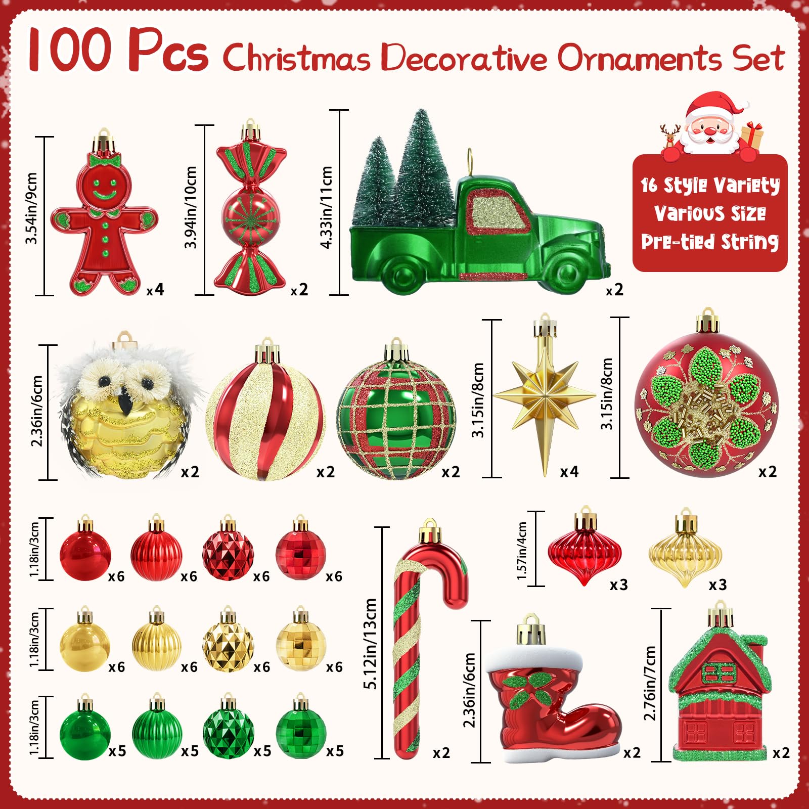 Dolicer 100 Pcs Christmas Ornaments Various Elements Christmas Tree Ornaments Set Red Gold Green Christmas Ball Ornament Shatter