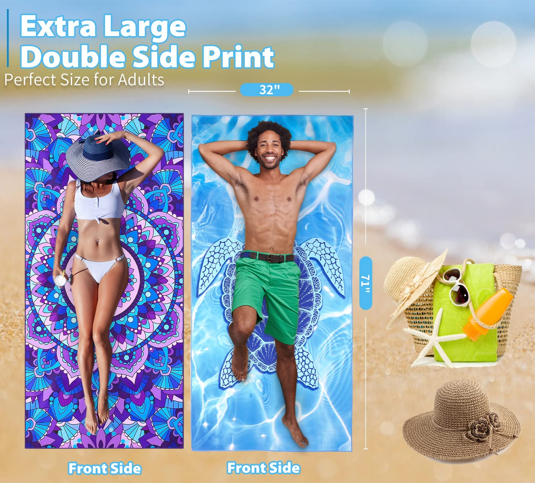 4 Pack Microfiber Thin Beach Towel Lightweight 71x32 Extra Large Sand Free Soft Towels Quick Dry for Travel Pool Yoga Gym Sports