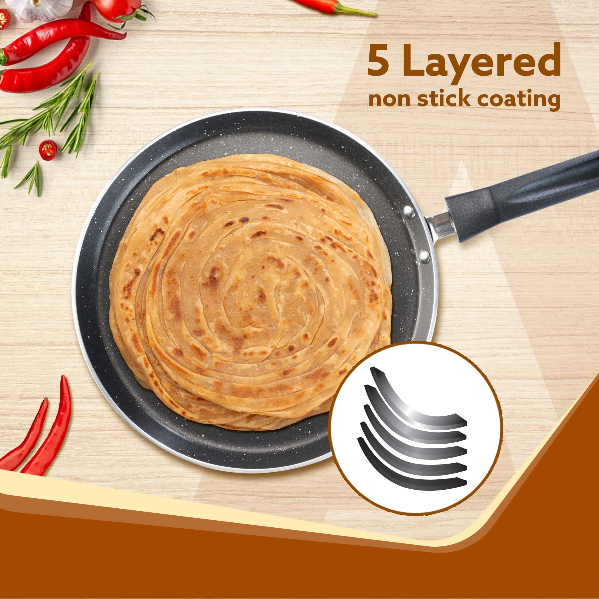 AGARO Elegant Non Stick Tawa, 28 cm Diameter, Induction and Gas Oven Friendly, Riveted Cool Touch Handle, Granite Finish, PFOA F