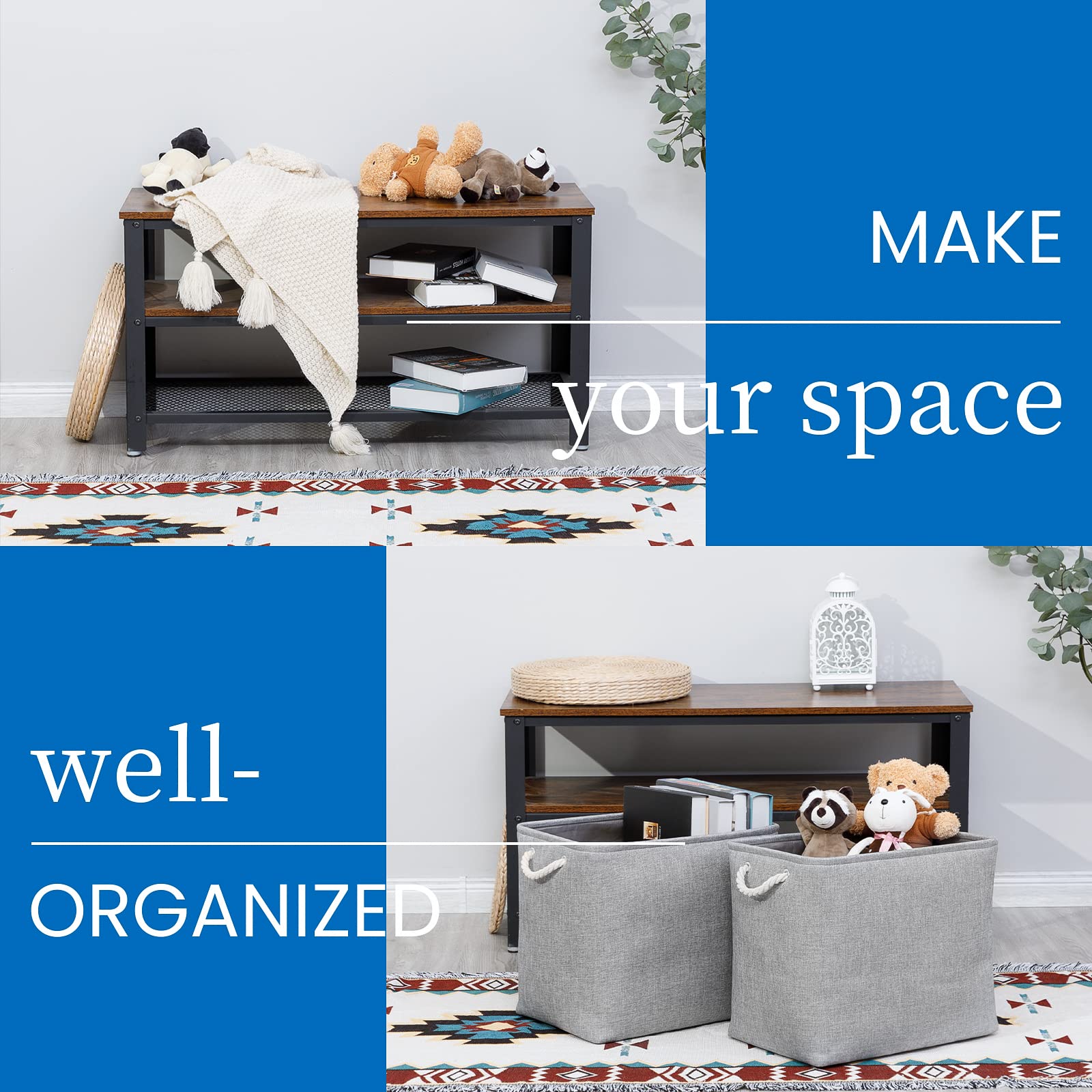 Bidtakay Collapsible Storage Bins For Clothes Large Grey Storage Baskets With Cotton Handles 17X12X15 In Set Of 2 Fabric Cubby S