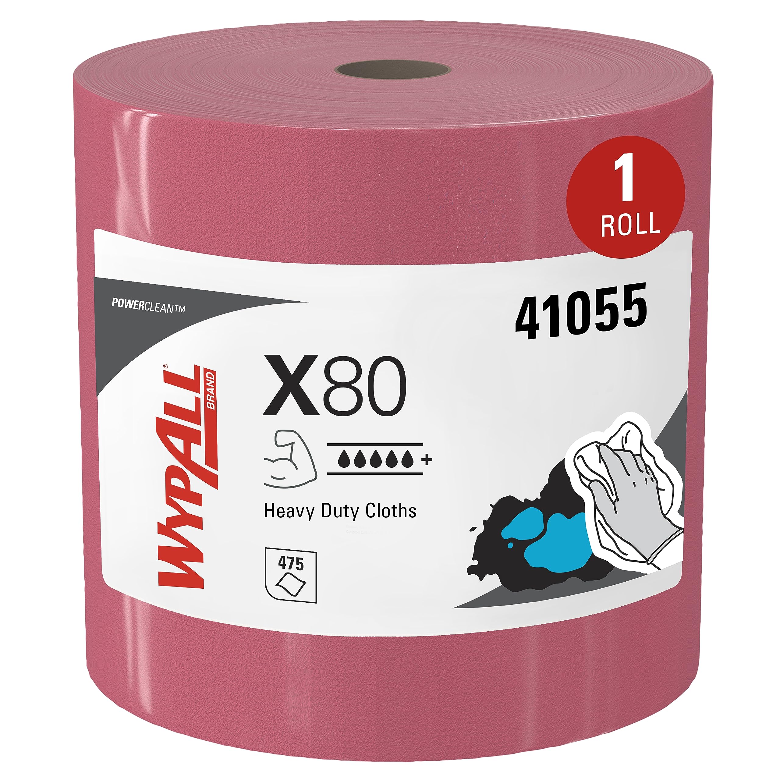 Wypall Power Clean X80 Heavy Duty Cloths (41055), Extended Use Jumbo Roll, Red, 475 Sheets / Roll, 1 Roll / Case