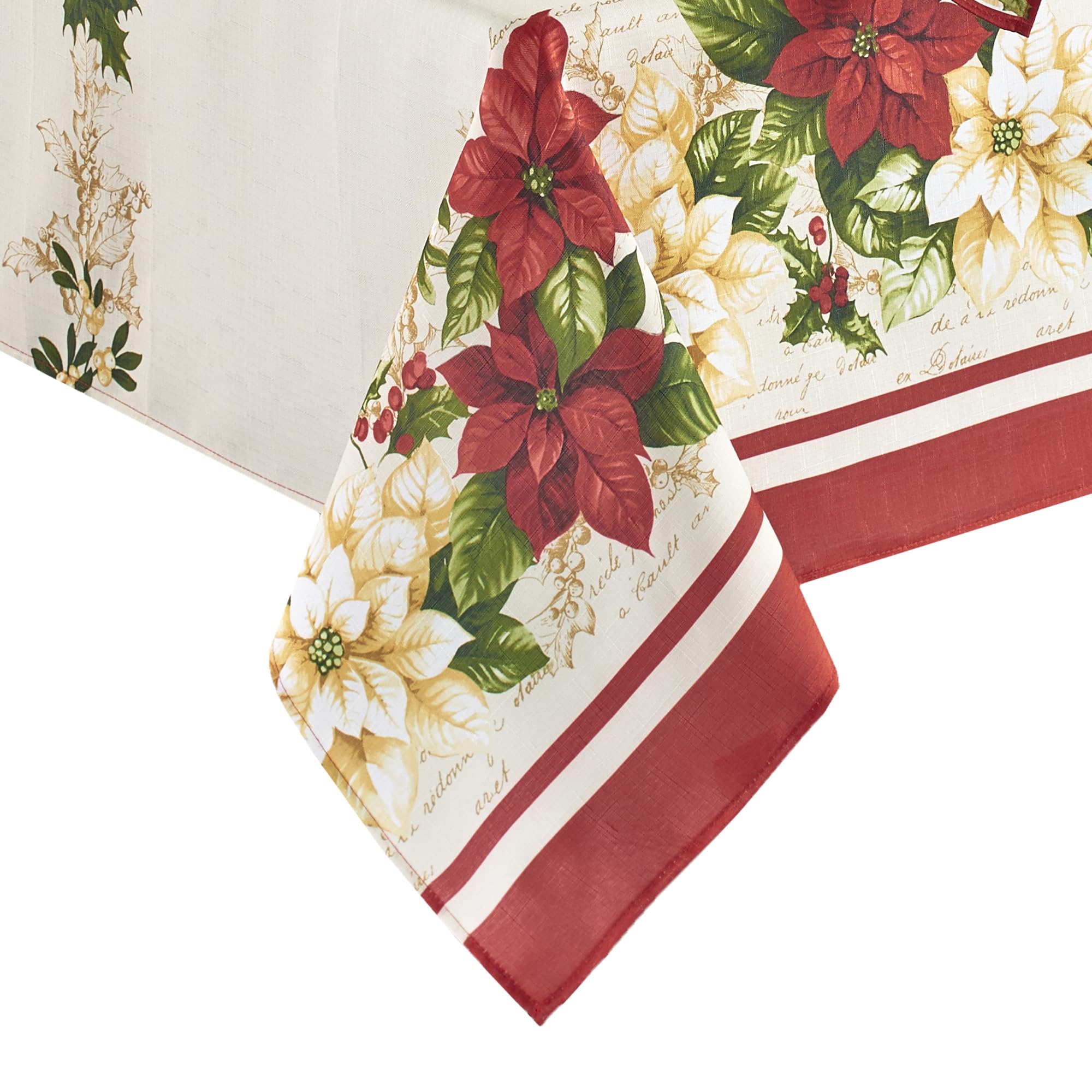 Elrene Home Fashions Red And White Poinsettia Holiday Wrinkle Resistant Fabric Tablecloth, 60'' X 102'' Rectangle, Multi