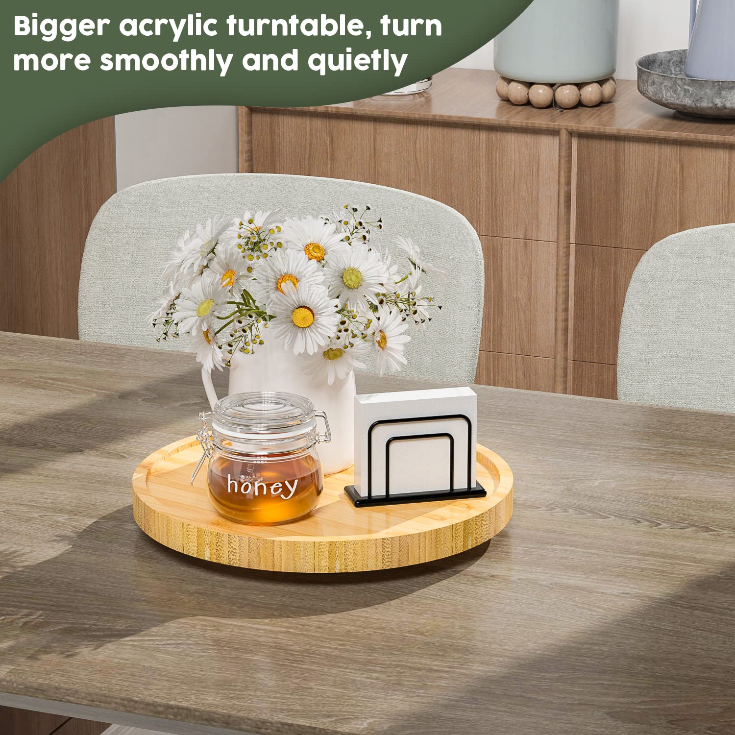 Lazy Susan Organizer, 10 Inch Non-Skid Bamboo Turntable Organizer For Salt Pepper Olive Oil And Spices Next To Stove, Wooden Laz