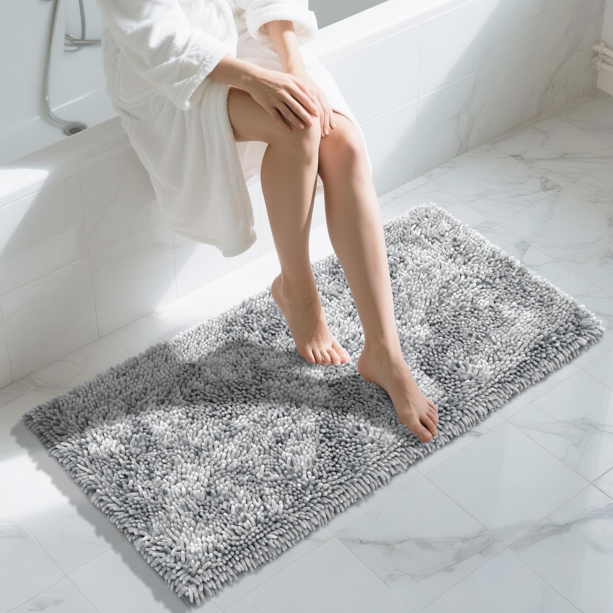 Yimobra Original Chenille Bath Rug Mat  Large Size 44.1 x 24 Inches  Soft Shaggy  Premium Non-Slip Bath Mat  Super Absorbent  Machine Washable Dry  Luxury Plush Mats for Bathroom  Light Gray
