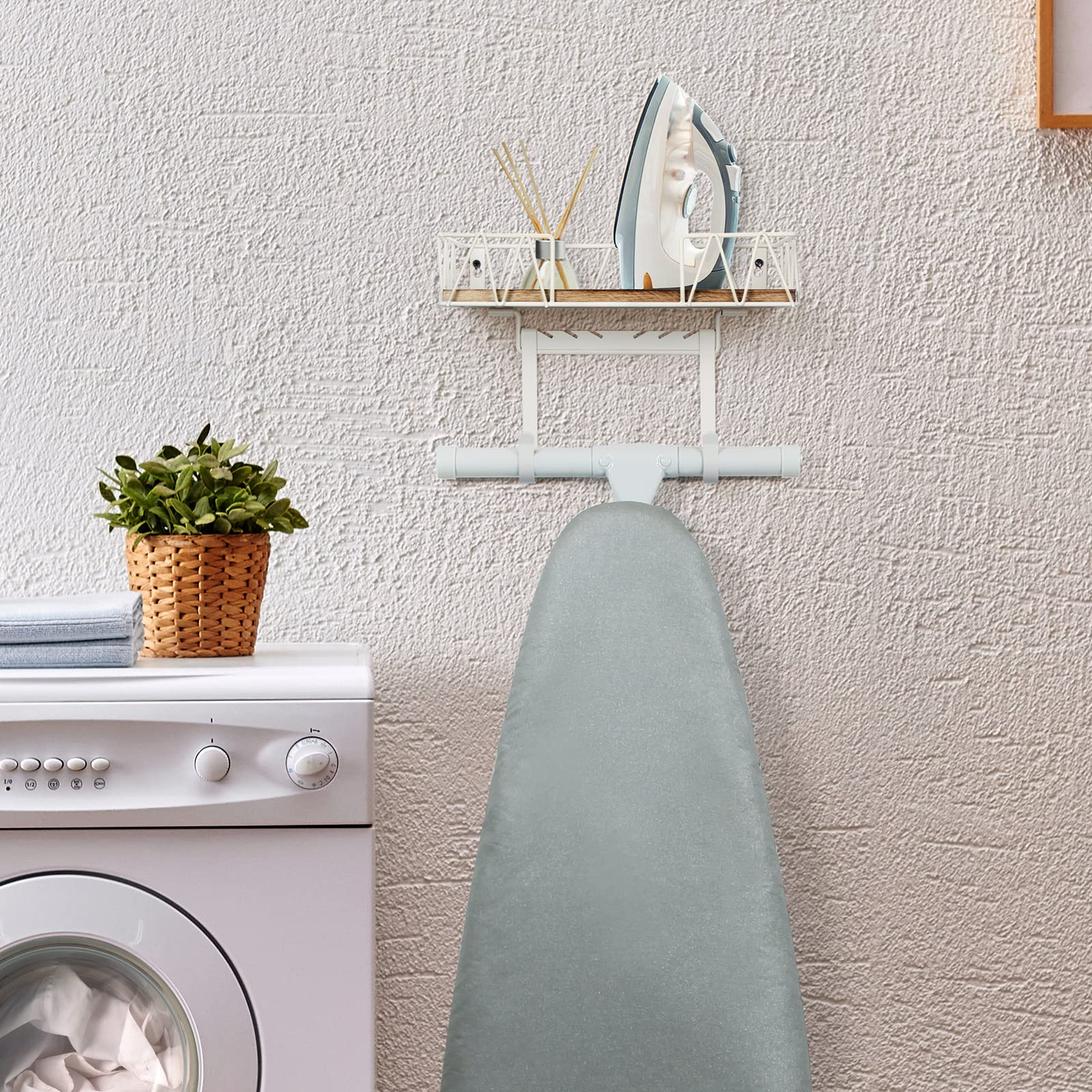 TJ.MOREE Ironing Board Hanger Wall Mount - Laundry Room Iron and Ironing Board Holder with Large Storage Wooden Base Basket and Removable Hooks(T&V Shaped) White