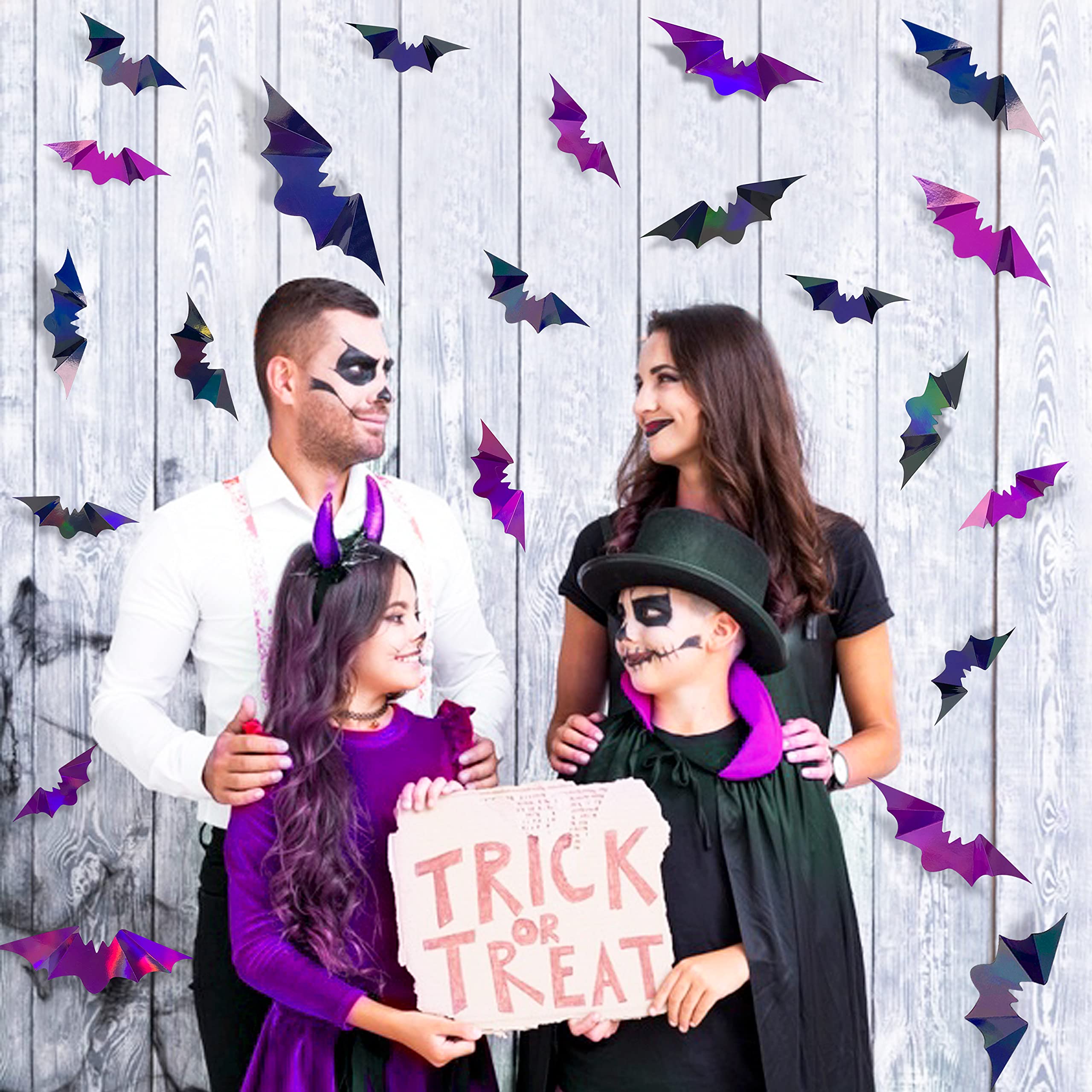 72Pcs Bats Halloween Decoration Iridescent 3D Bats Wall Decor Black Purple Holographic Paper Decorative Bat Wall Art Decals Stic