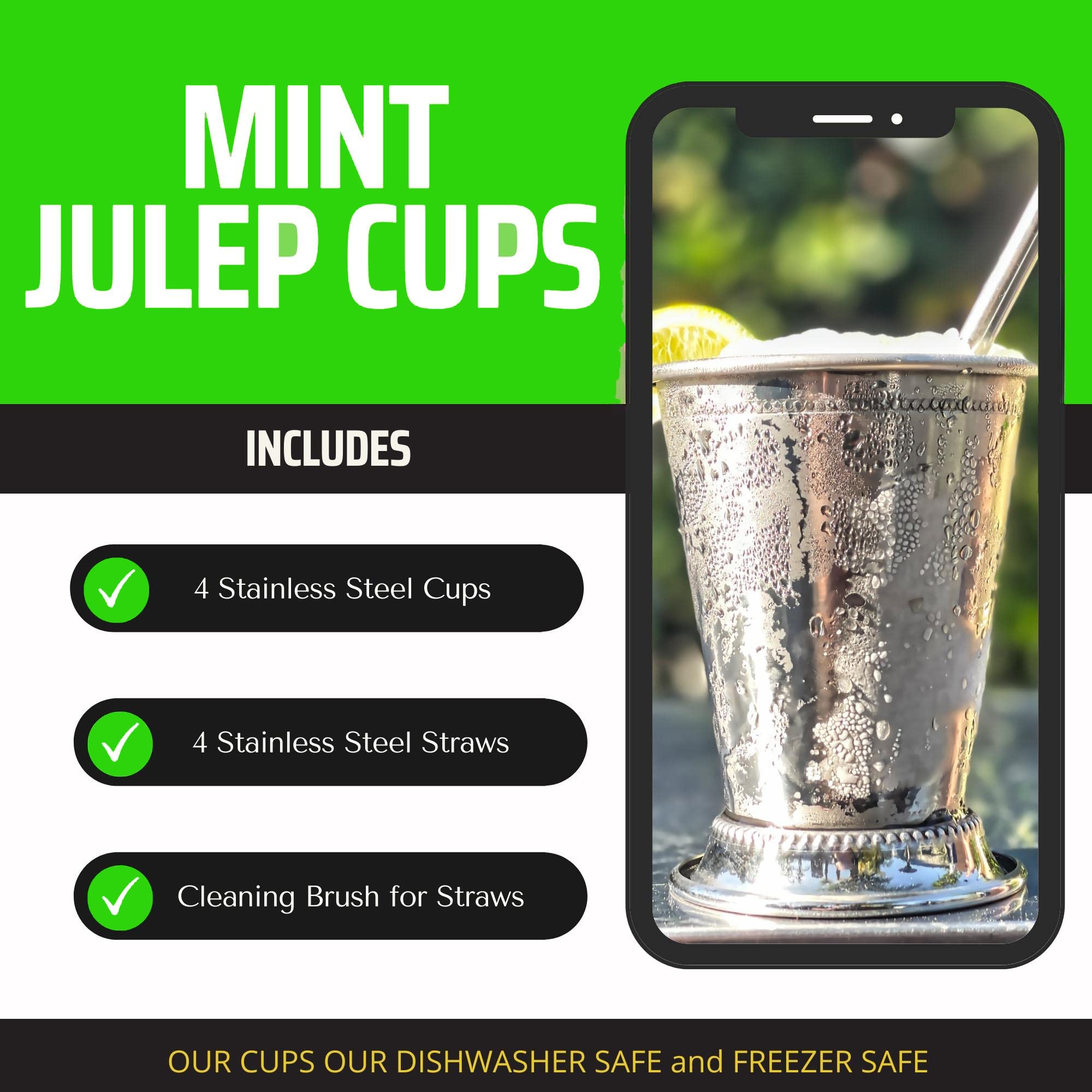 Mint Julep Cups Set Of 4 With Straws - Stainless Steel Mint Julep Cup - Mint Julep Glasses - 12Oz Commercial Grade Cups - Metal
