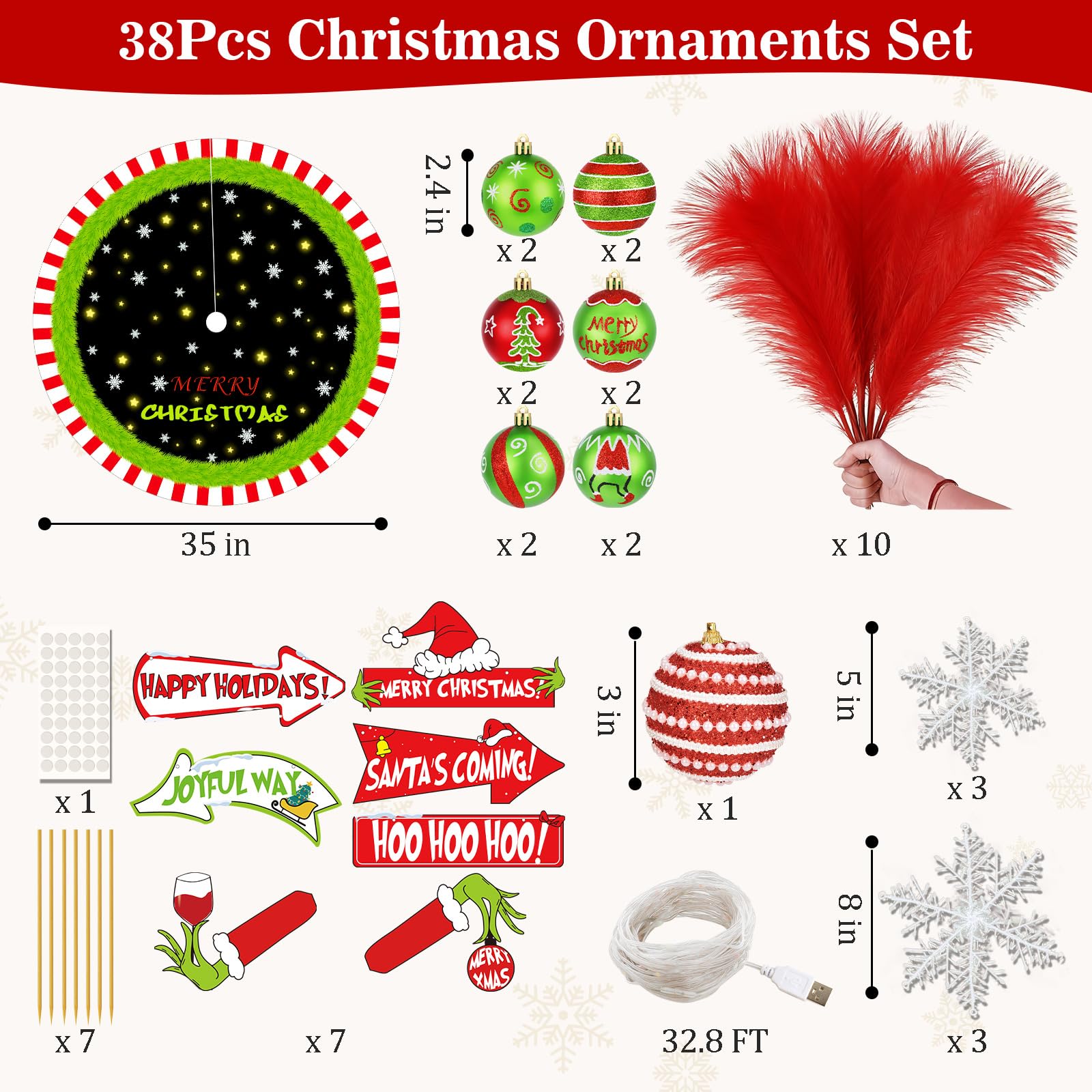 6FT Grinchs Christmas Tree with 38 Piece Ornament Set, Whimsical Lime Green Christmas Tree with Signs & Skirt, Indoor Outdoor Ho
