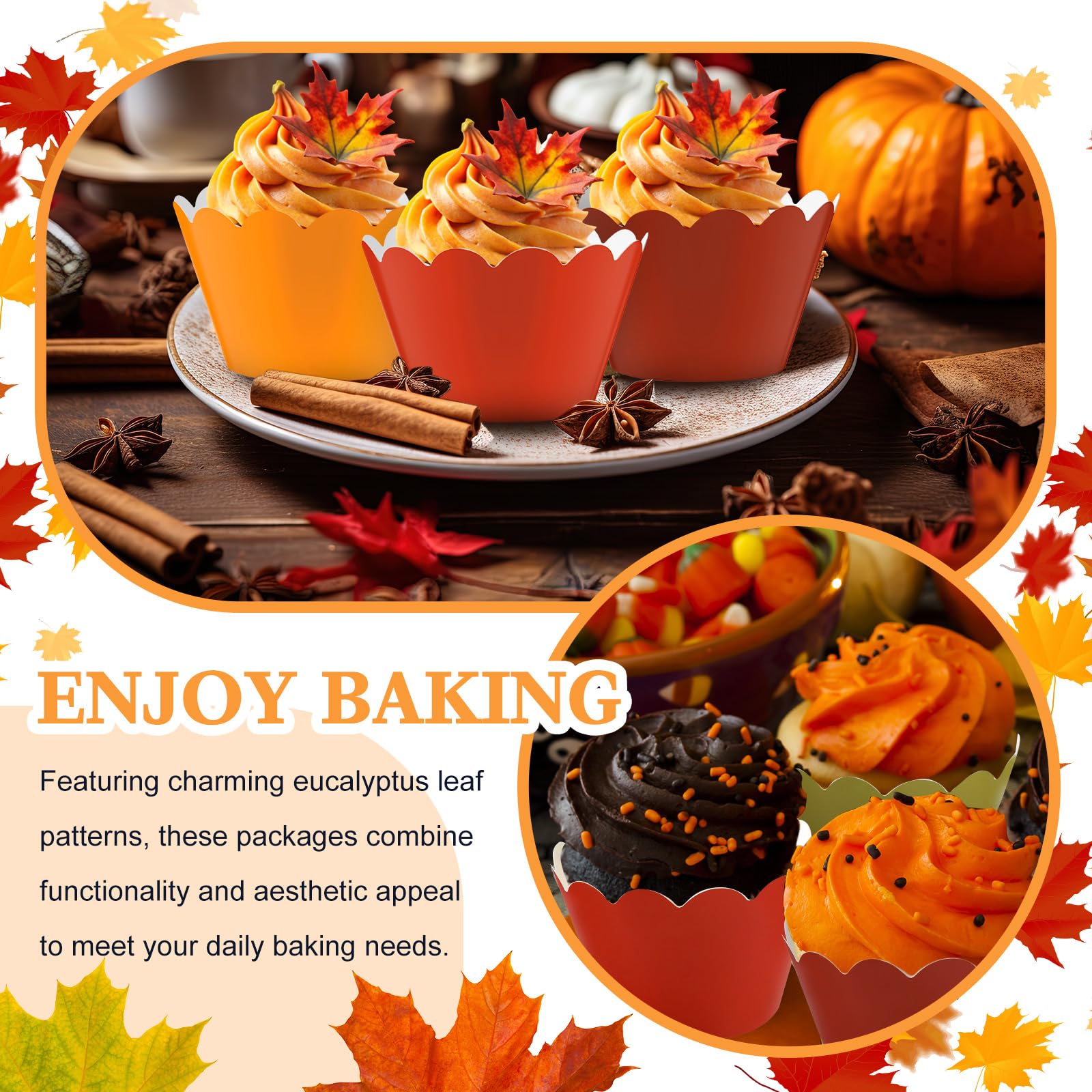 Domensi 100 Pcs Fall Cupcake Wrappers Rustic Cupcake Liners Thanksgiving Baking Cups Baking Liners for Autumn Thanksgiving Weddi