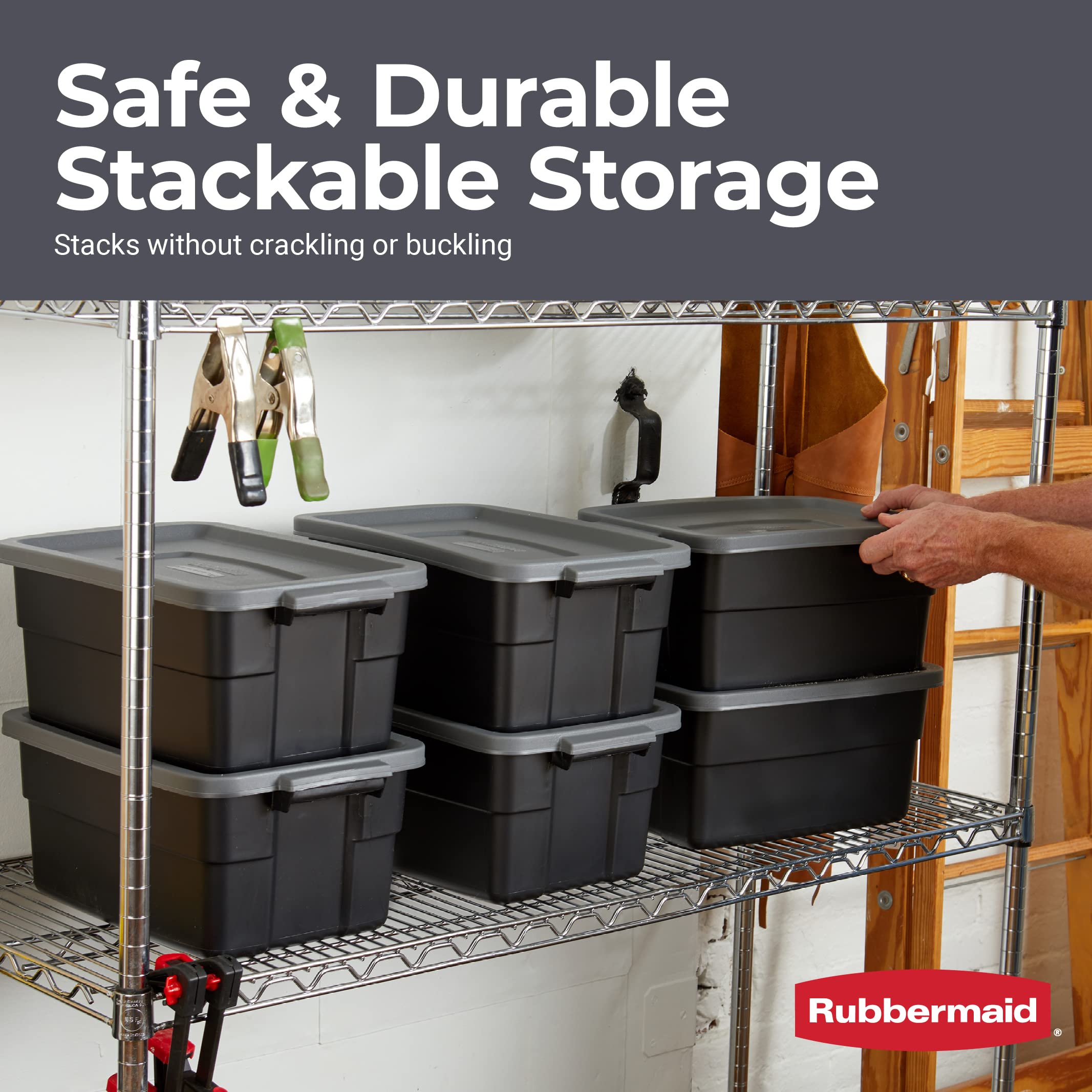 Rubbermaid Roughneck Tote 3 Gal - 6 Pack Made In The Usa Black & Grey, Rugged Plastic Stackable Storage Tote With Lid And Handle
