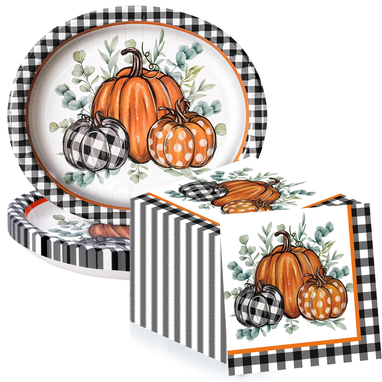 Dereinwo 50Pcs Fall Large 12 x 10 Oval Paper Plates and Napkins Disposable Heavy Duty Paper Plates and Napkins for Fall Party an