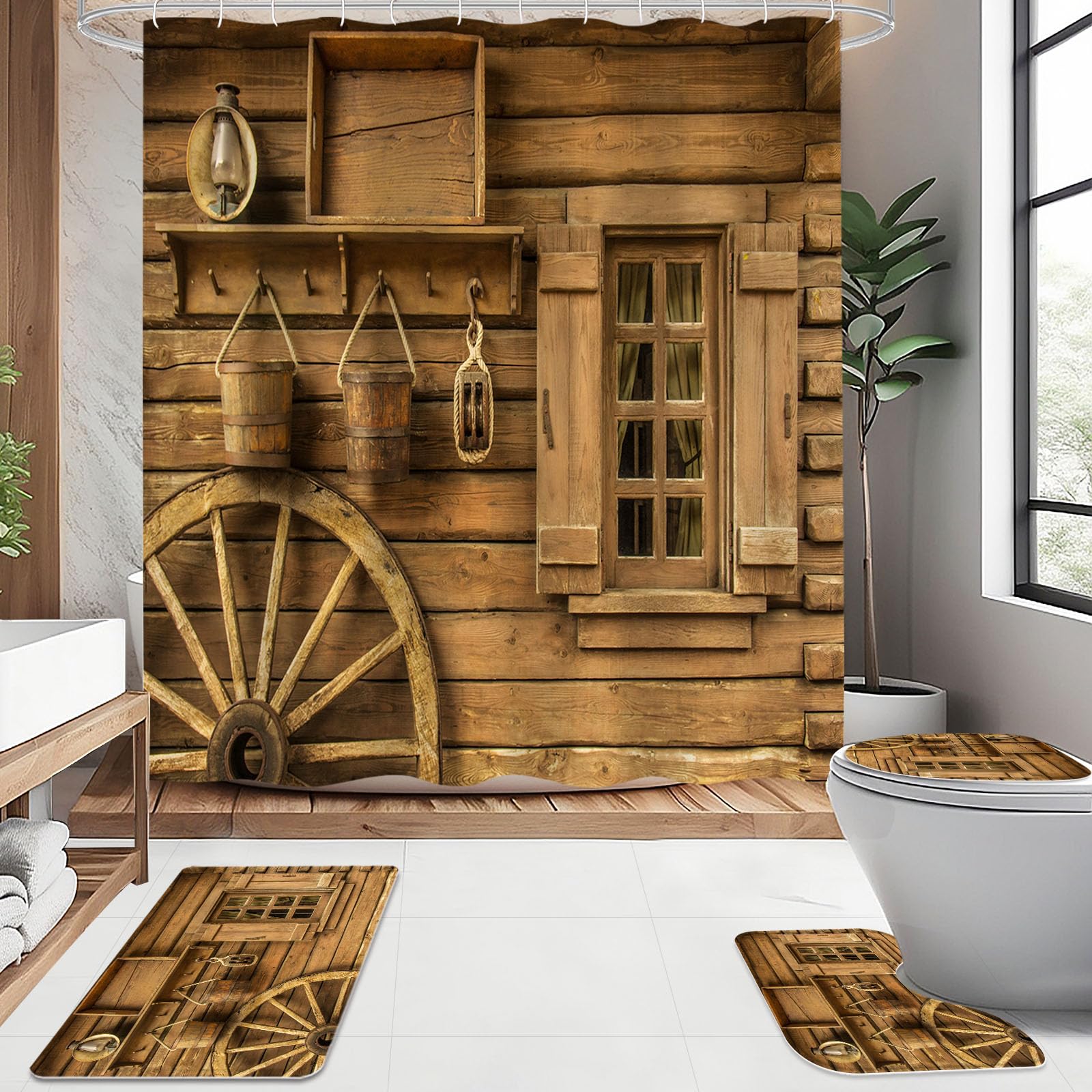 Litabel 4 Pcs Rustic Wooden Farmhouse Shower Curtain Set With Non-Slip Rugs, Toilet Lid Cover And Bath Mat, Farmhouse Bathroom D