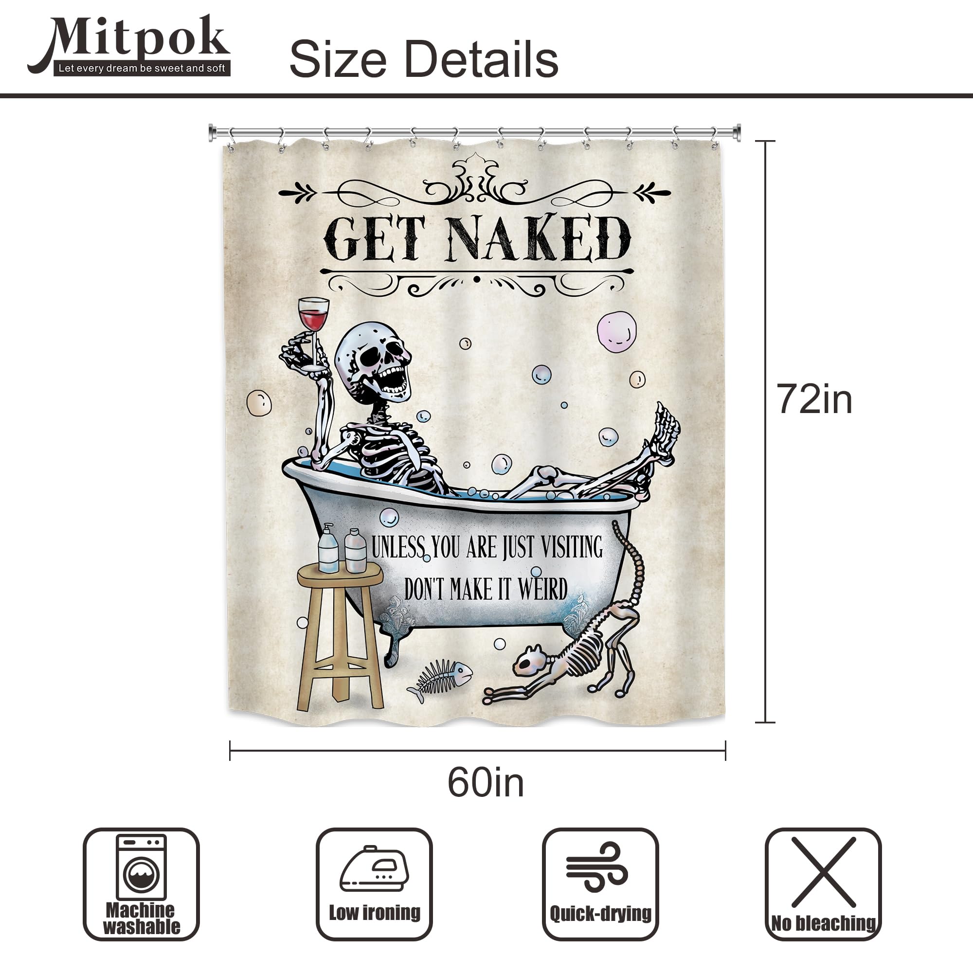 Mitpok Funny Skull Skeleton Shower Curtain 60Wx72H Gothic Spooky Unique Cool Bone In Bathtub Bubbles Horror Halloween Cat Fish R