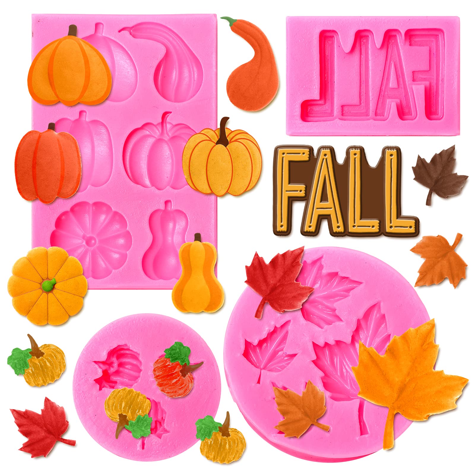 Whaline 4 Pack Fall Thanksgiving Fondant Molds Autumn Pumpkin Maple Leaves Silicone Molds Fall Candy Resin Chocolate Baking Mold