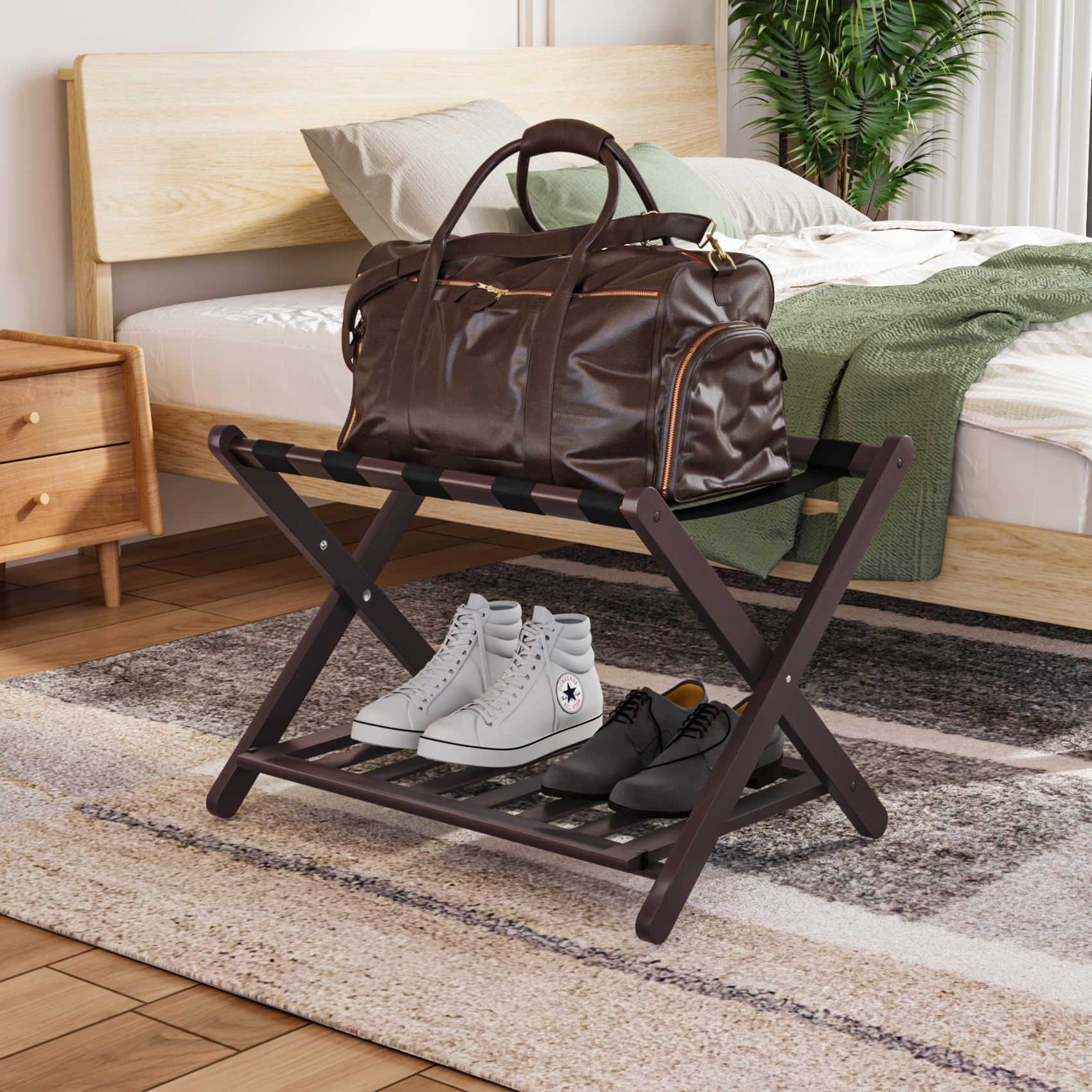 Smuxee Fully Assembled Brown Luggage Rack, Upgraded Bamboo Foldable Suitcase Stand With 5 Nylon Straps, Luggage Holder With Shel