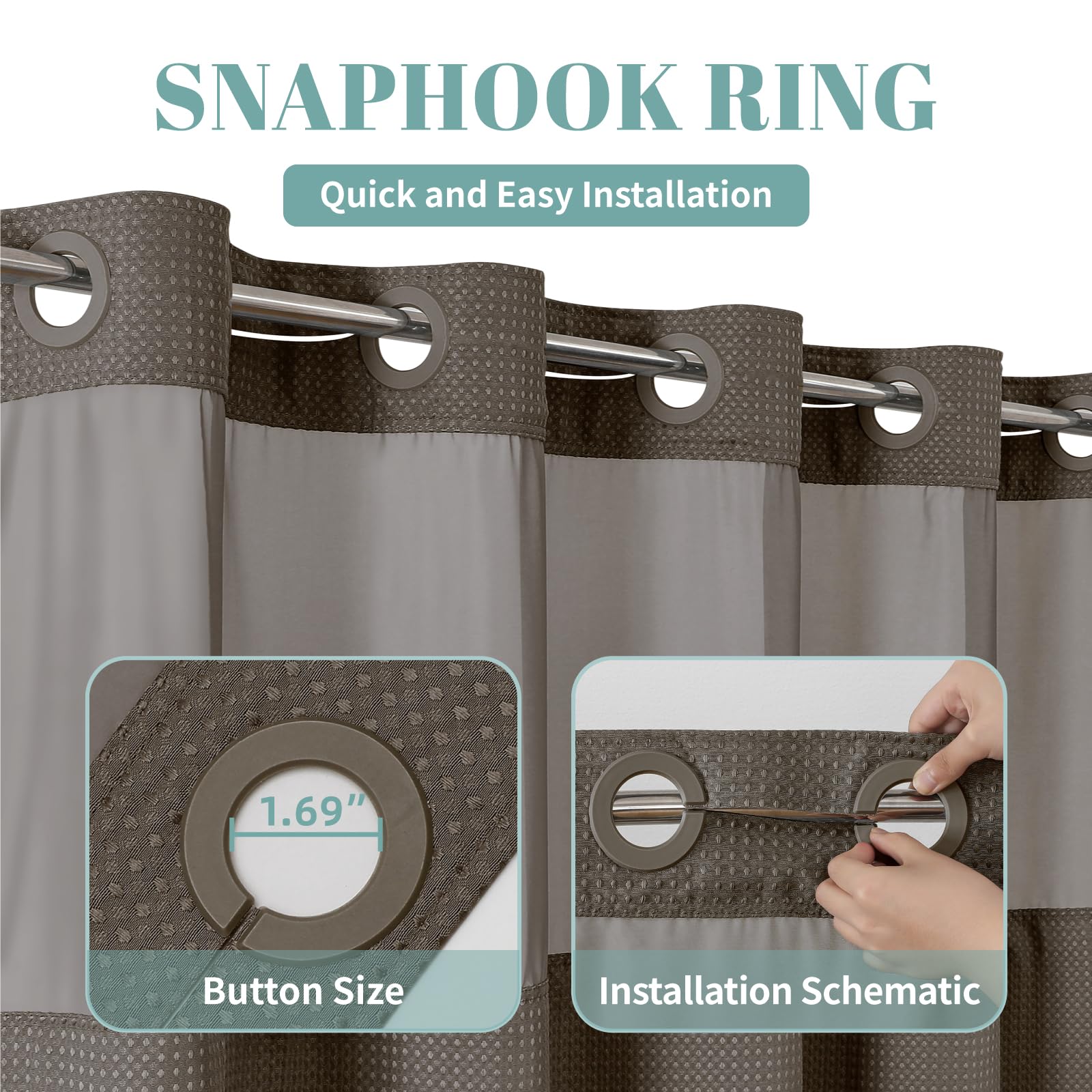 Eachope Brown No Hook Waffle Weave Shower Curtain With Snap-In Liner Replacement, 230Gsm Waterproof Fabric Hotel Shower Curtain