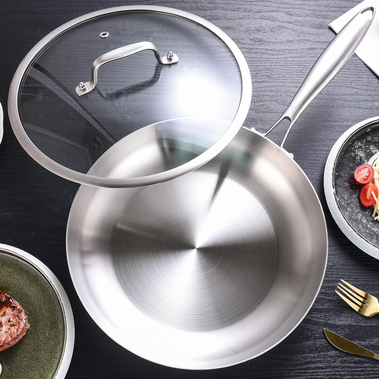 Lolykitch 12 Inch Tri-Ply 18/8 Stainless Steel Chef'S Pan,Frying Pan With Lid,Skillet,Induction Cooking Pan,Pot And Pan Set,Dish