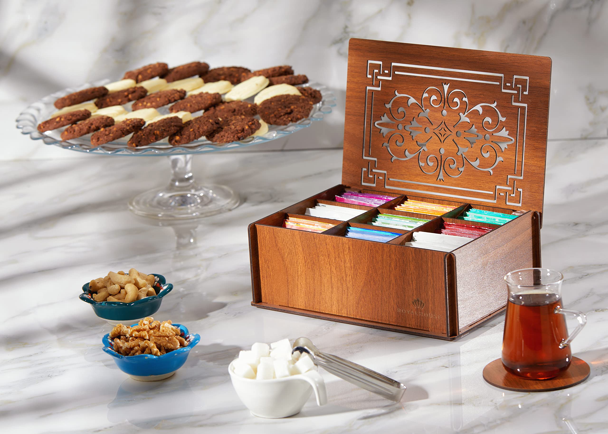 RoyalHouse Premium Wood (Hard MDF) Tea Storage Box Organizer (Brown)  Eco-Friendly Multi-Functional Decorative Box  9 Compartments For Assorted Variety Of Tea Bags and Small Items