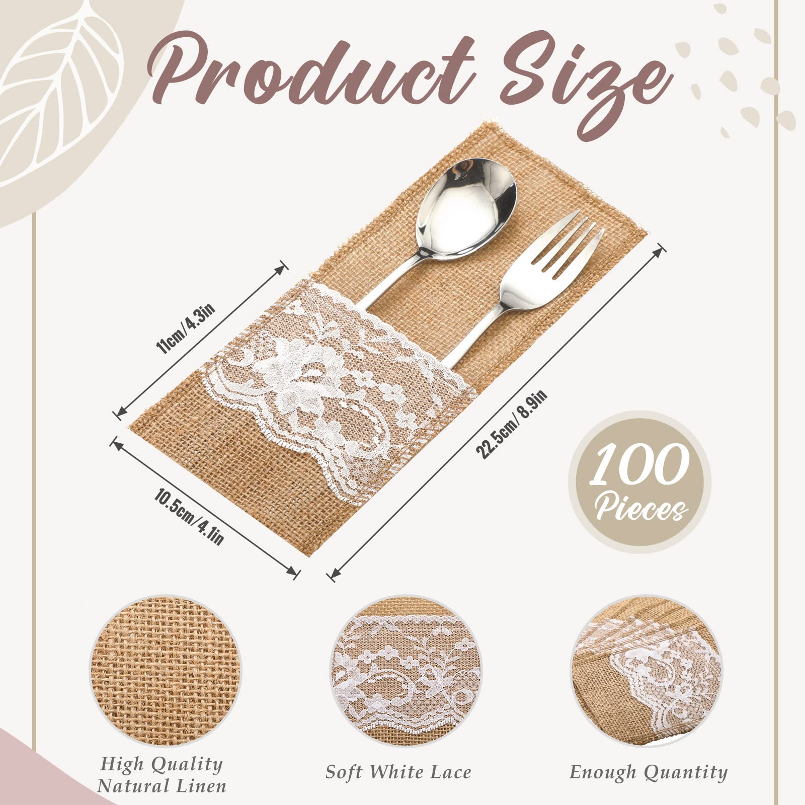 Windyun 100 Pcs 4.1 X 8.9 Inch Wedding Natural Burlap Lace Utensil Holders Pouch Burlap Silverware Cutlery Pouch Tableware Holde
