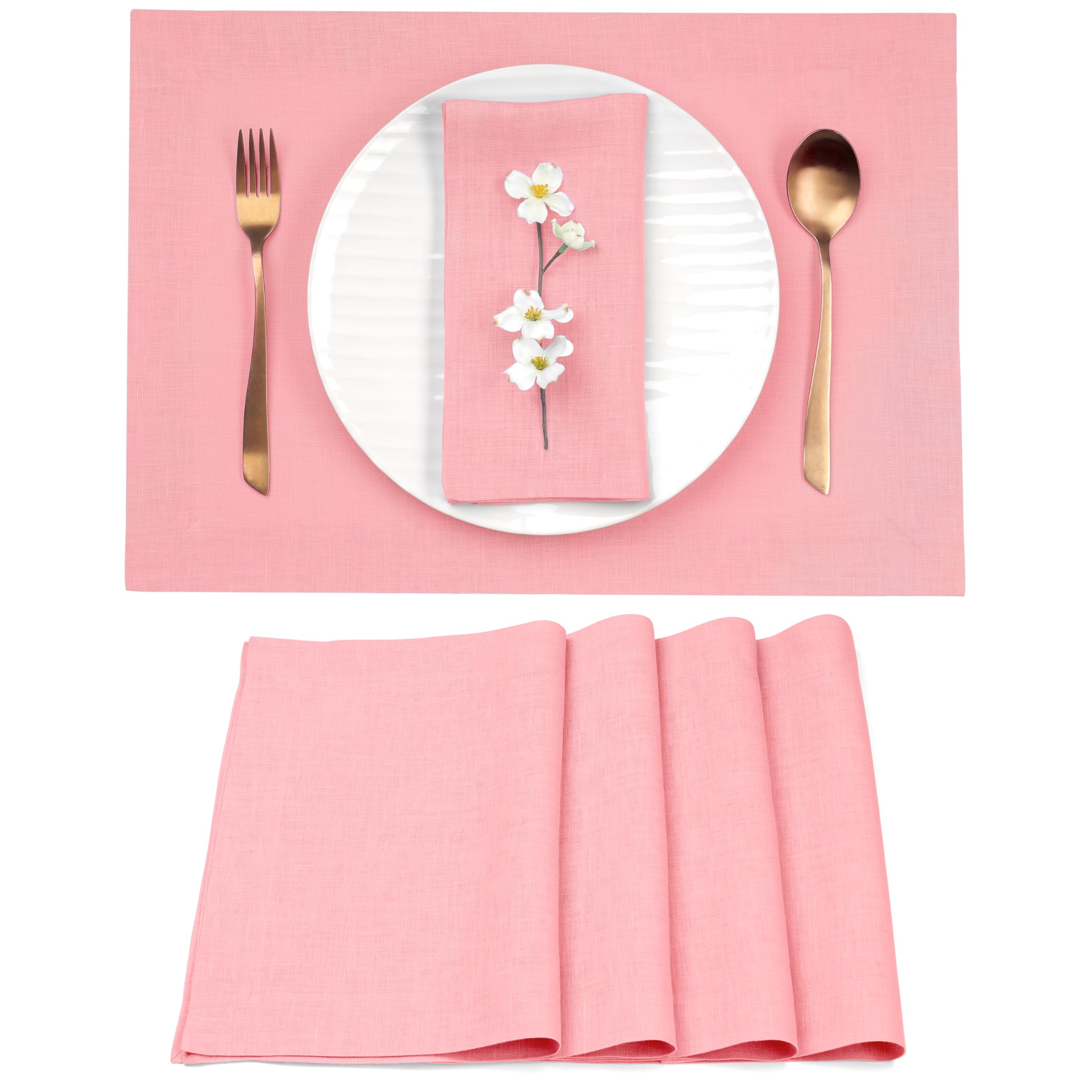 D'Moksha Homes Linen Placemats Set Of 4-100% Pure Linen Dusty Pink Placemats 14 X 19 Inch - Washable Dusty Pink Placemats For Ea