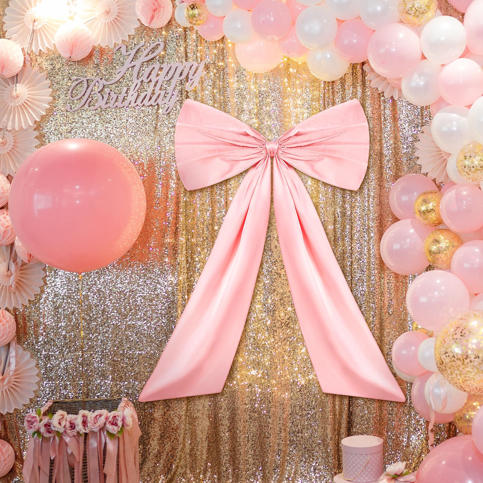 Wavwavw Bow Decor Large Bow for Room, Coquette Giant Ribbon Tie for Birthday Party Backdrop Wall Decor(Pink,24 x 36 Inches)