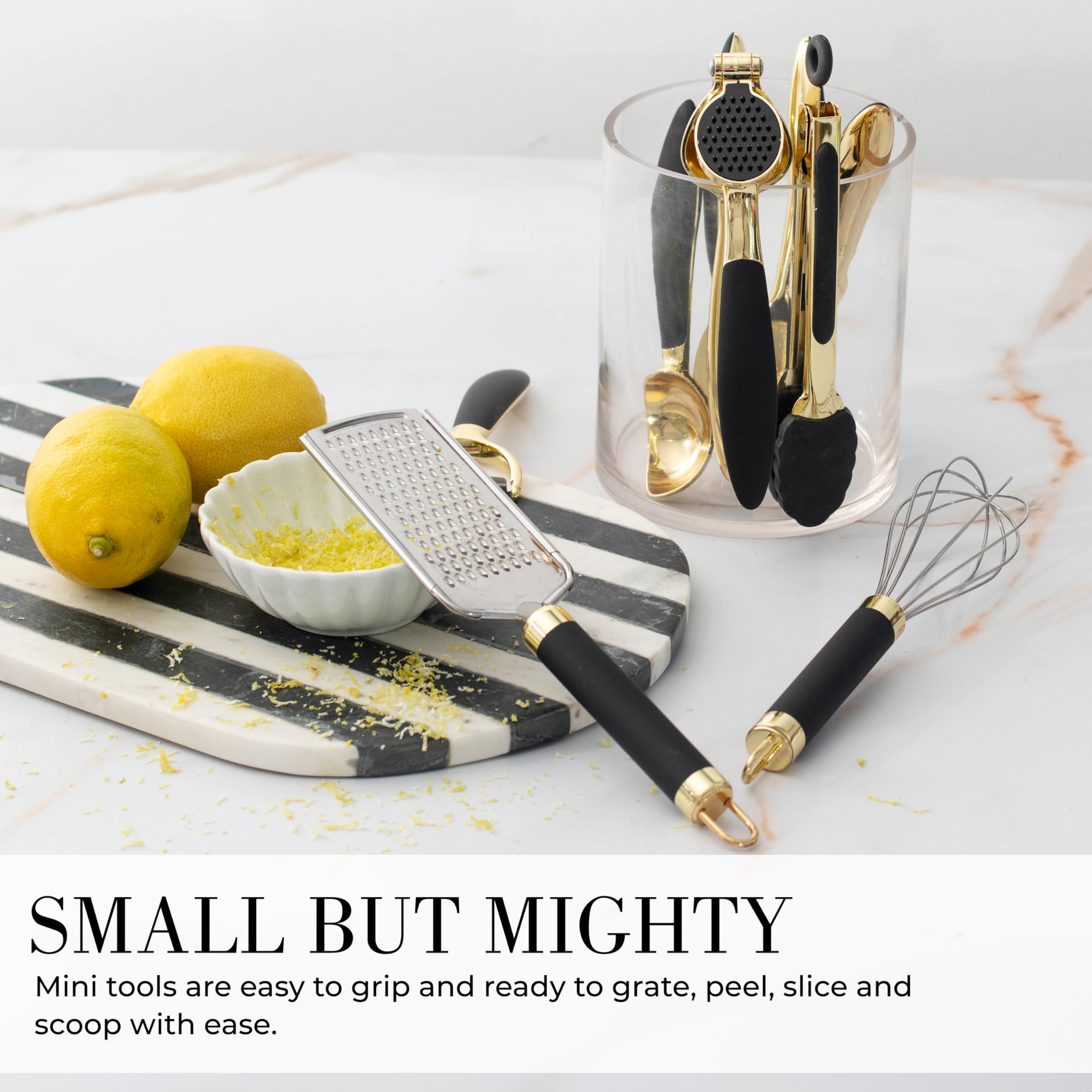 Black And Gold Kitchen Utensils - Luxe 8-Piece Gold Kitchen Tools Set With Can Opener, Pizza Cutter, Peeler, Mini Whisk, And Ton