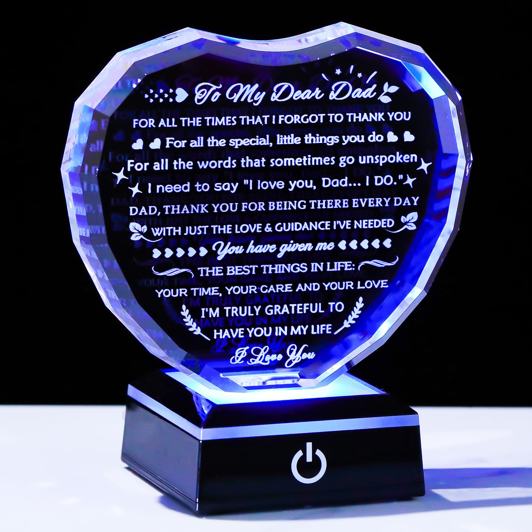 YWHL Gifts for Dad from Daughter Son with Colorful Light Base Birthday Gifts for Dad Crystal Heart Keepsake Thank You Gift Idea 