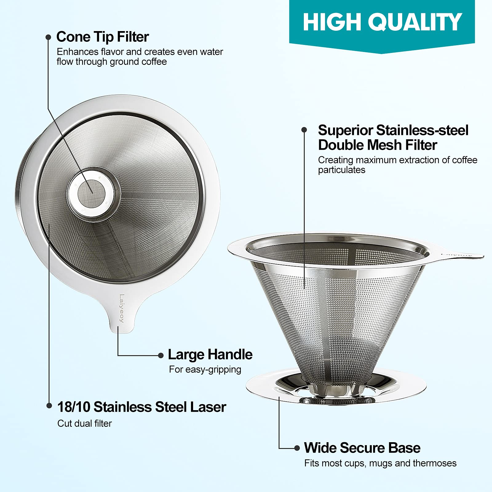 Laiyeoy Stainless Steel Pour Over Coffee Dripper, Reusable Cone Filter, 5.47x4.69x3.19 inches, Silver, Double Mesh Design