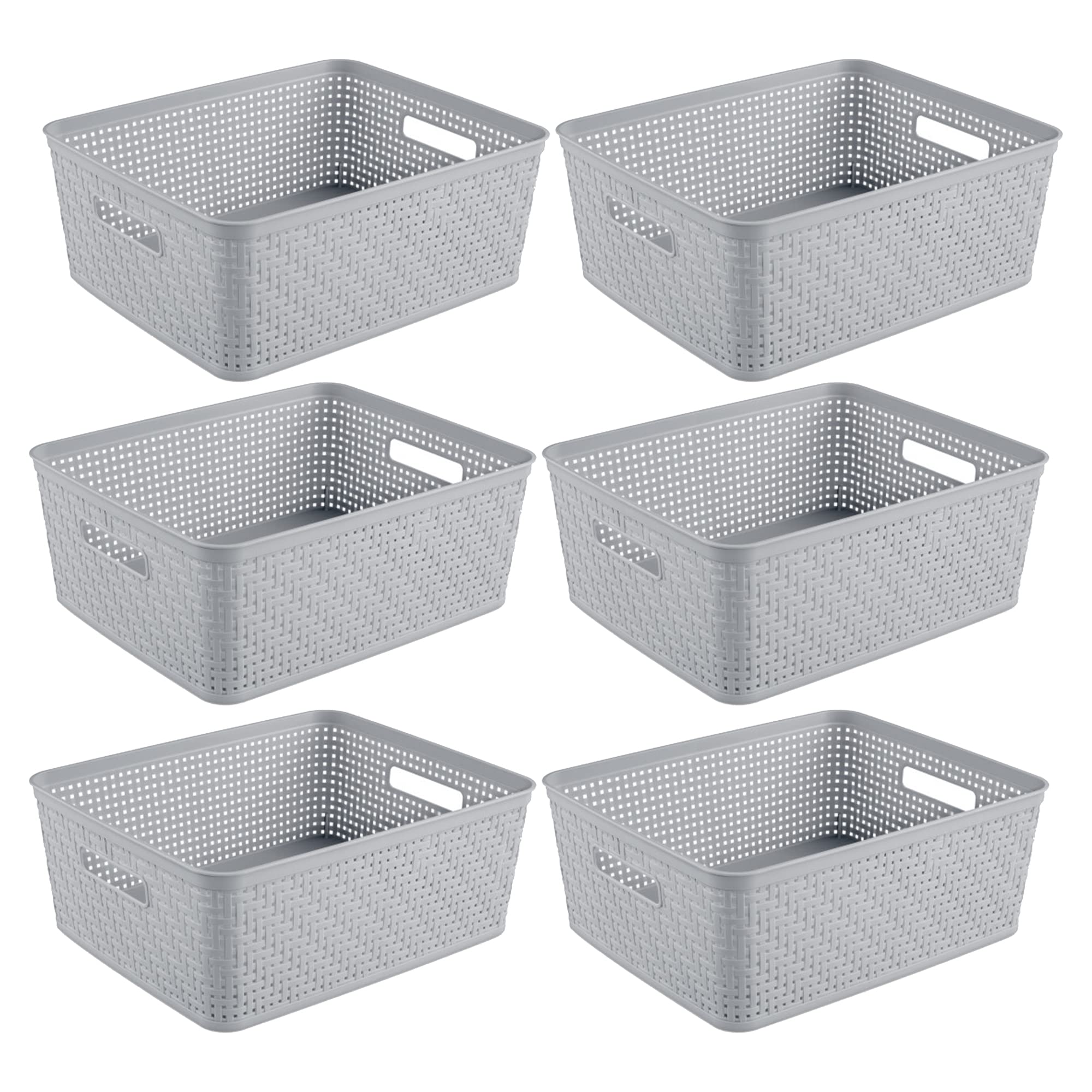 Sterilite 6 Pack Plastic Storage Bin Organization Containers, Short Baskets, Cement