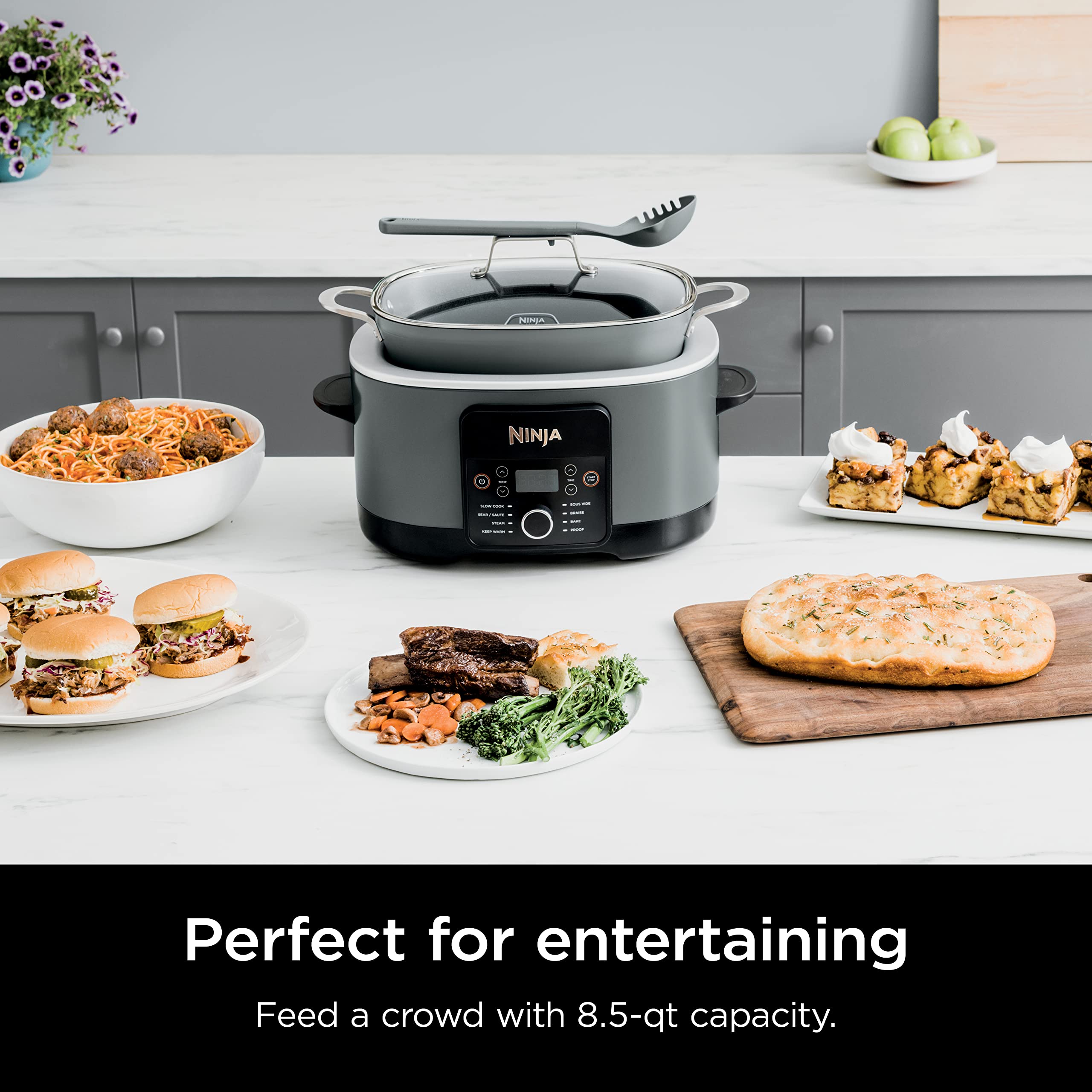 Ninja Mc1001C 8.5 Quart Multi-Cooker, Sea Salt Grey, Slow Cooker, Dutch Oven, Steamer, 1200W, 12.6Lbs, Digital Control, Family-S