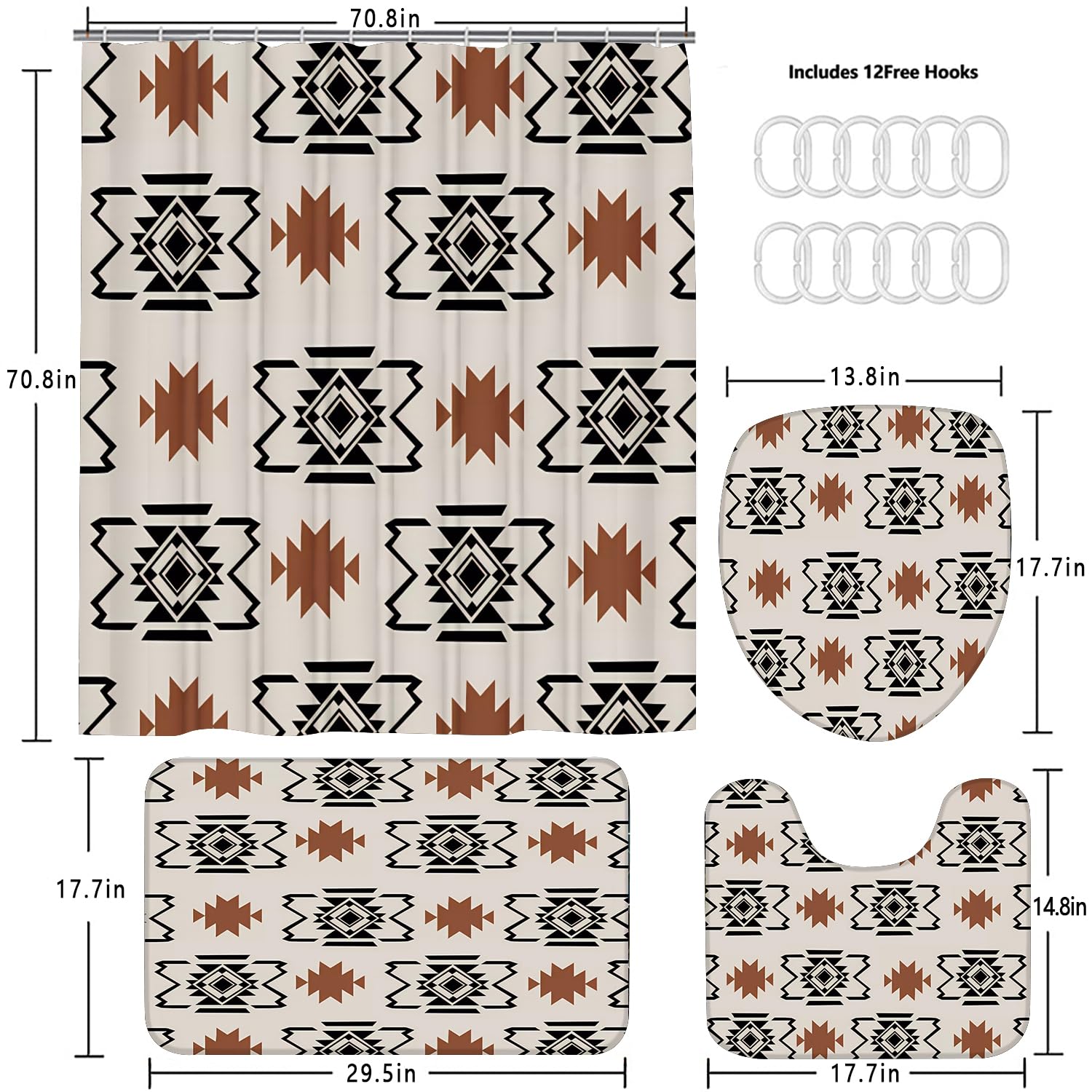 Pretyw 4-Piece Western Aztec Shower Curtain Set Geometric Vintage Bathroom Set With Shower Curtain And Rugs, Boho Abstract Patte