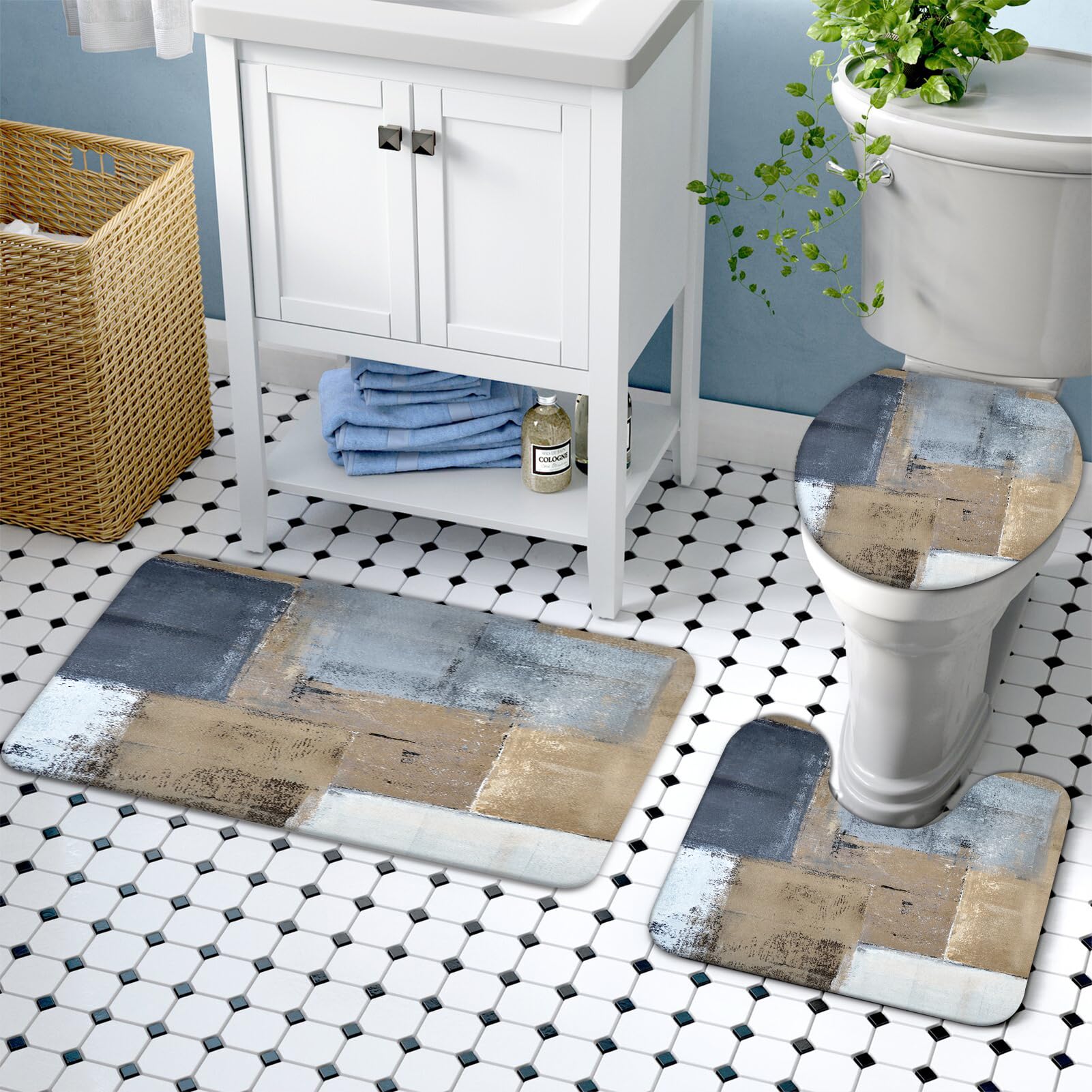 Lnond 4Pcs Bathroom Shower Curtain Sets With Rugs,Brown And Blue Painting Art Bathroom Sets With Shower Curtain And Rugs And Acc
