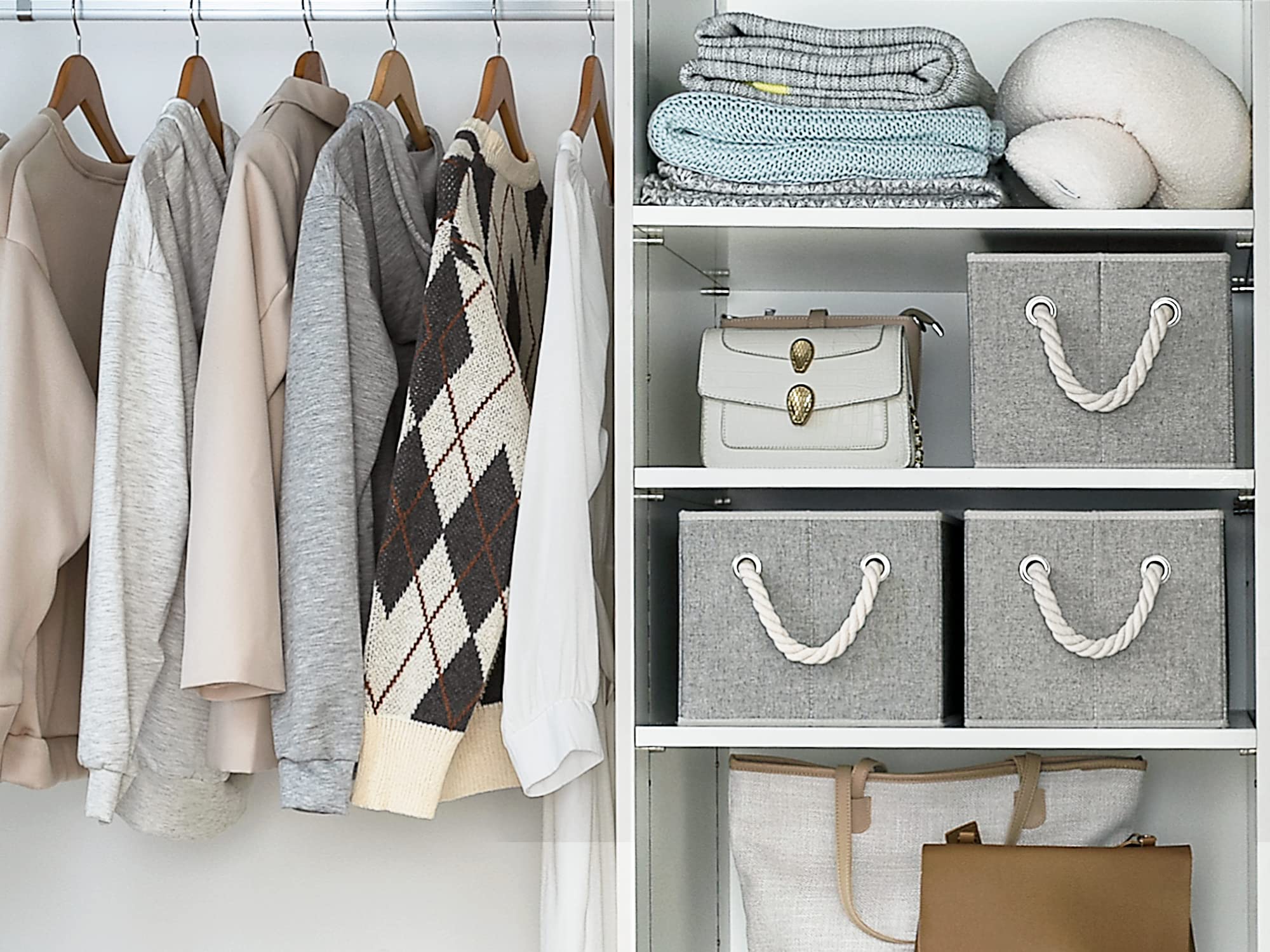 StorageWorks Closet Organizers with Handles  Rectangular Storage Baskets for Shelves  Foldable Closet Storage Bins for Linen Closet  3-Pack  Gray