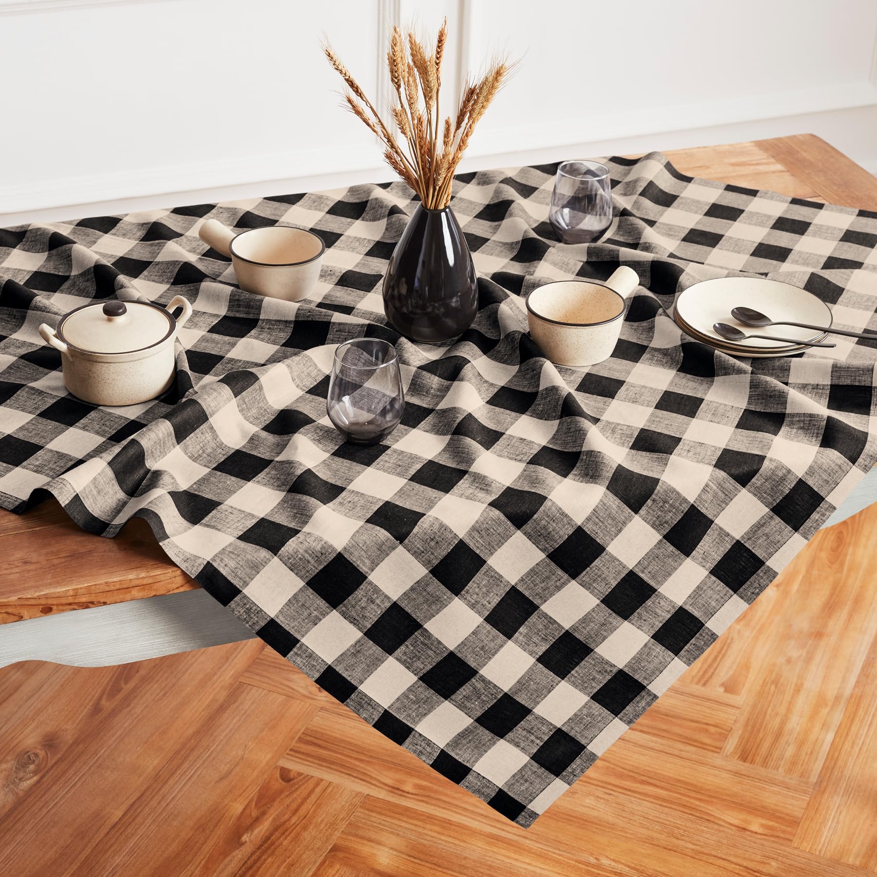 Solino Home Buffalo Check Linen Square Tablecloth 52 X 52 Inch - 100% Pure Linen Natural And Black Plaid Table Throw - Machine W