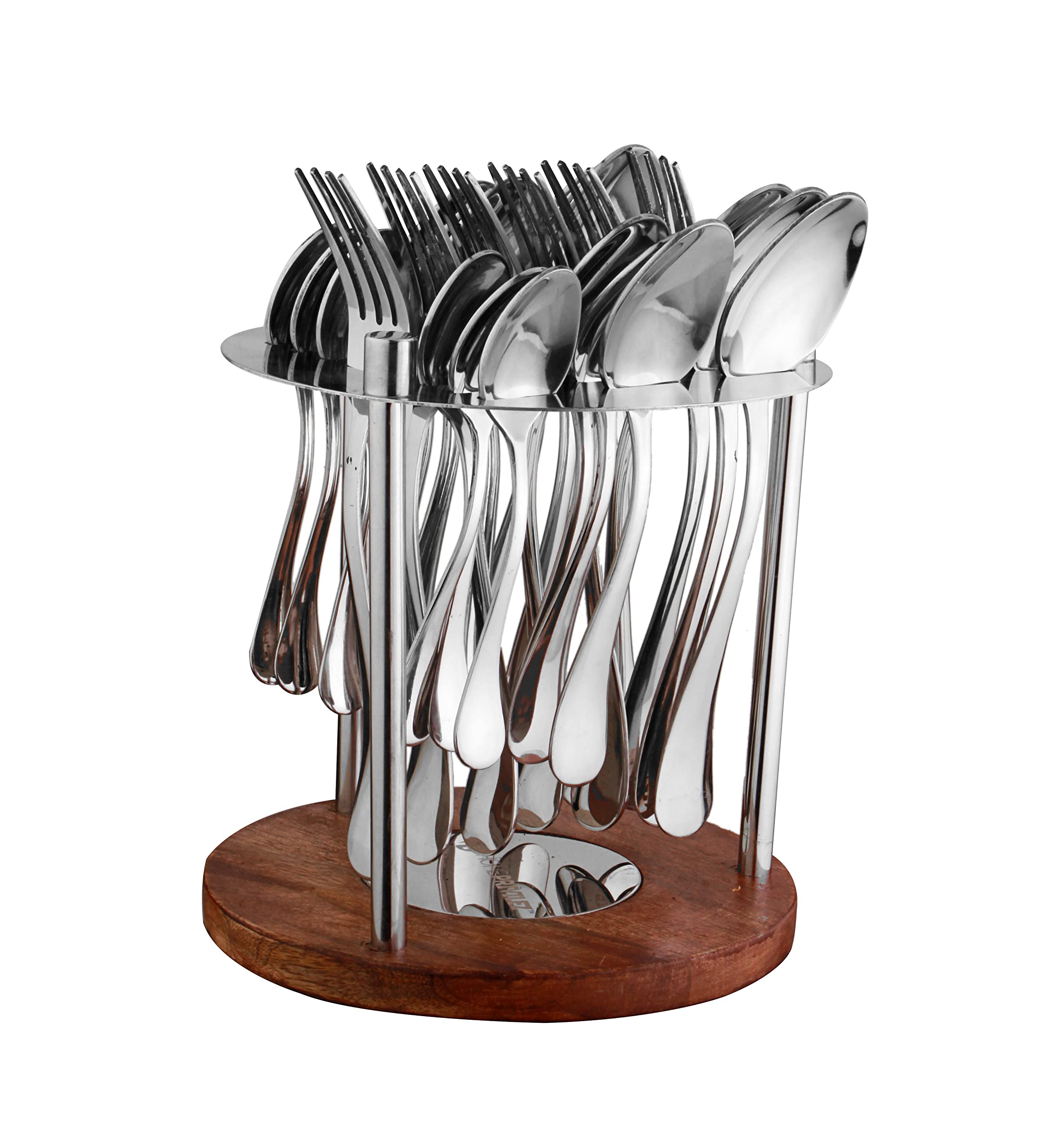 Homeprivilez Tulip Stainless Steel Cutlery 24 Pcs Set With Ss And Wooden Stand Silver (Round) | Or | Kanak Masala Box/Spice Box/
